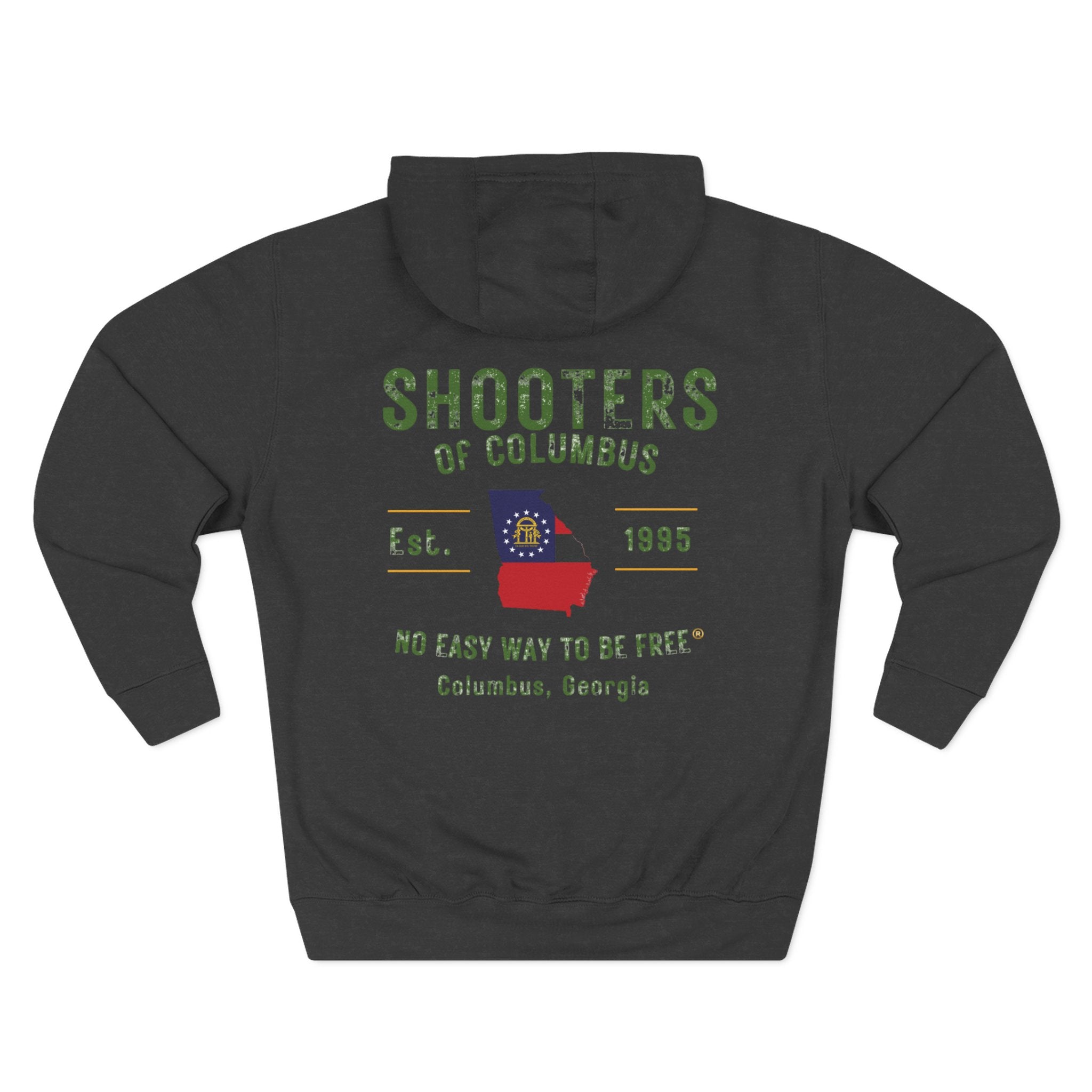 Shooter's Three-Panel Fleece Hoodie, Cozy Sweatshirt, Casual Streetwear, Unique Gift, Holiday Apparel, Stylish Layering