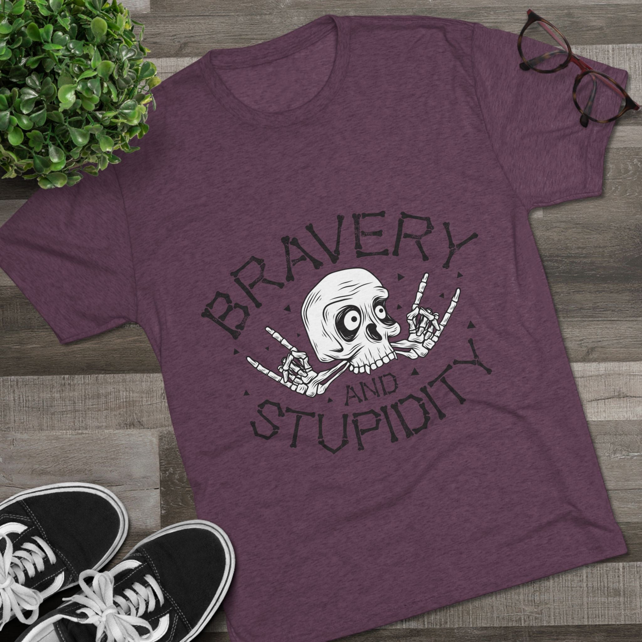 Skull Graphic Crew Tee - Bravery and Stupidity, Unisex T-Shirt, Casual Wear, Gift for Rebels, Halloween Apparel