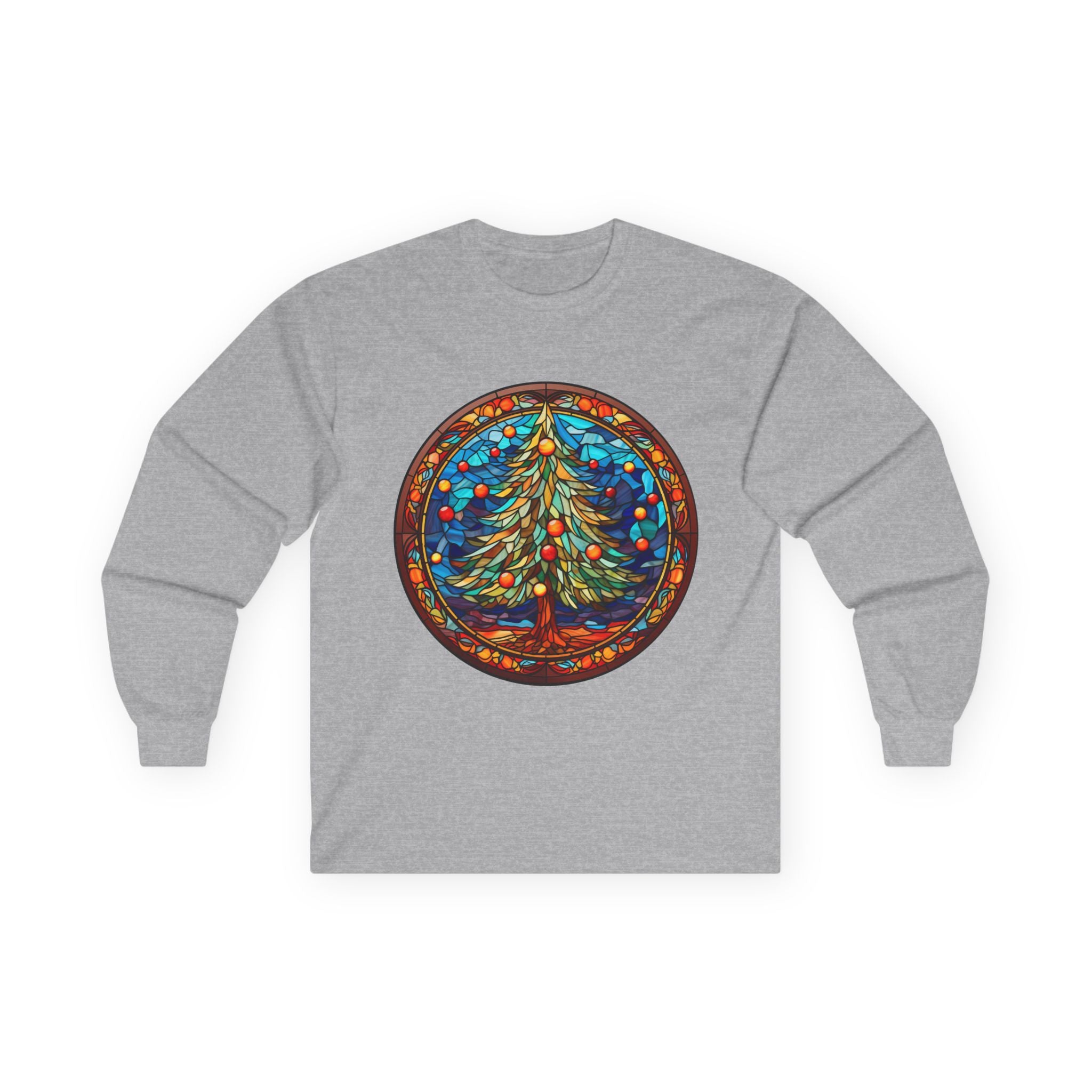 Long Sleeve Tee Stained Glass Christmas Tree Design