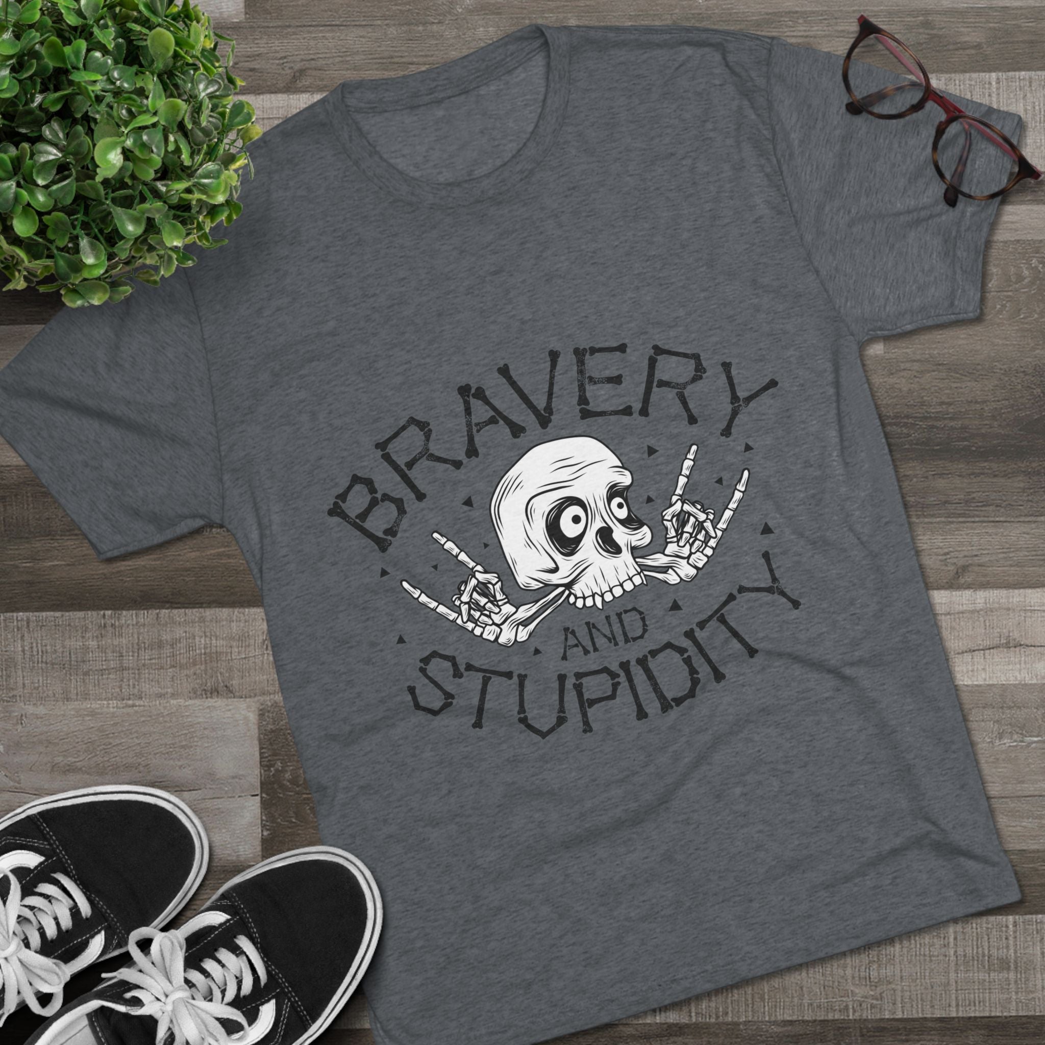 Skull Graphic Crew Tee - Bravery and Stupidity, Unisex T-Shirt, Casual Wear, Gift for Rebels, Halloween Apparel