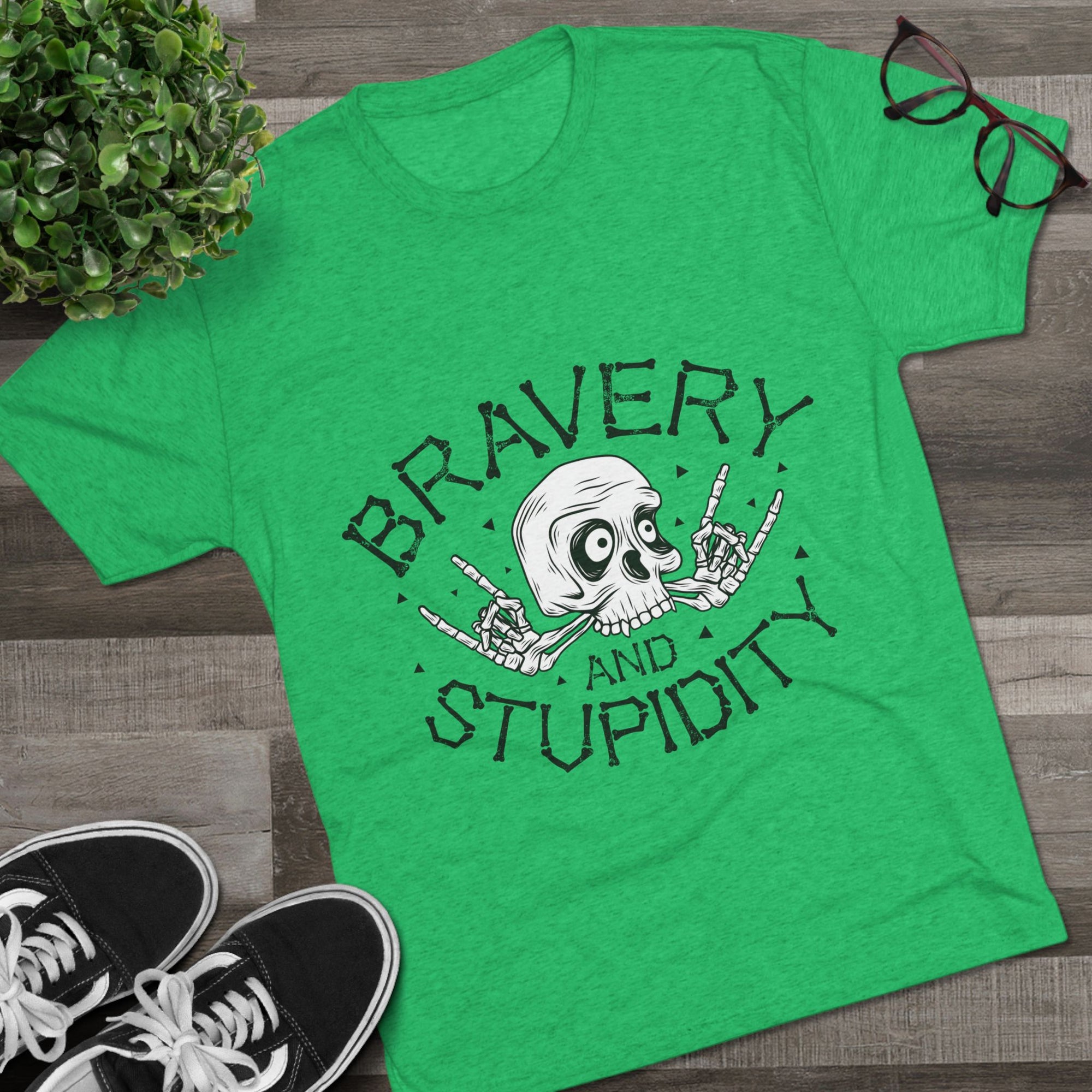 Skull Graphic Crew Tee - Bravery and Stupidity, Unisex T-Shirt, Casual Wear, Gift for Rebels, Halloween Apparel