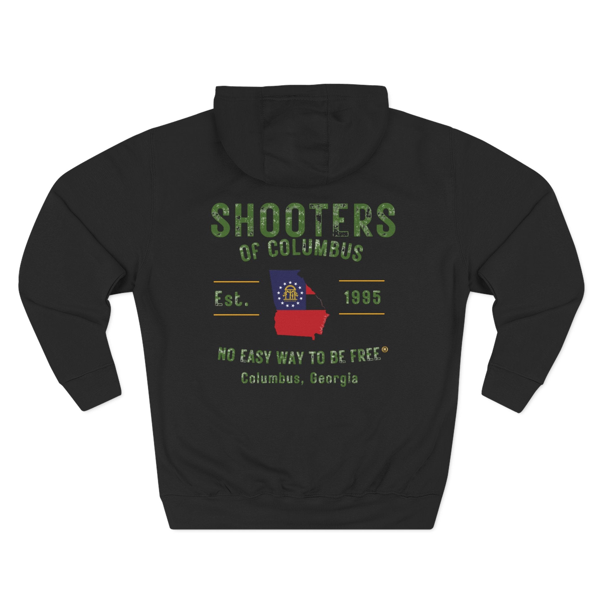 Shooter's Three-Panel Fleece Hoodie, Cozy Sweatshirt, Casual Streetwear, Unique Gift, Holiday Apparel, Stylish Layering
