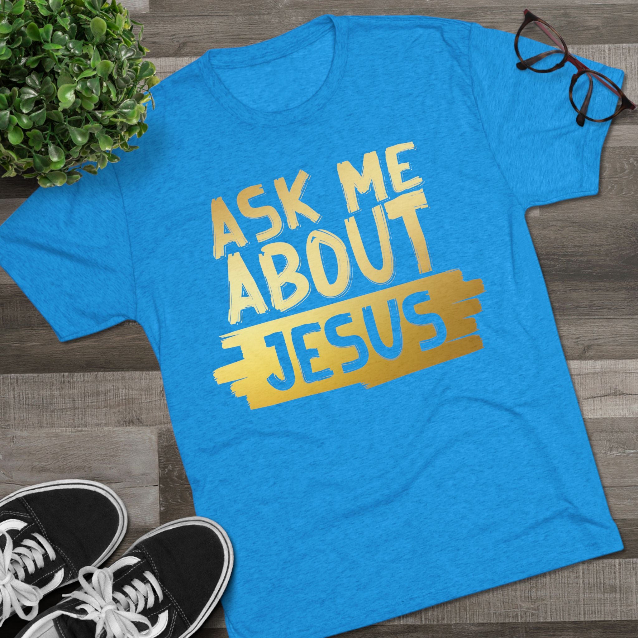 Unisex Tri-Blend Crew Tee, Faith-Inspired Gold Tee, Christian T-Shirt, Inspirational Gift, Casual Everyday Wear, Ask Me About Jesus Shirt