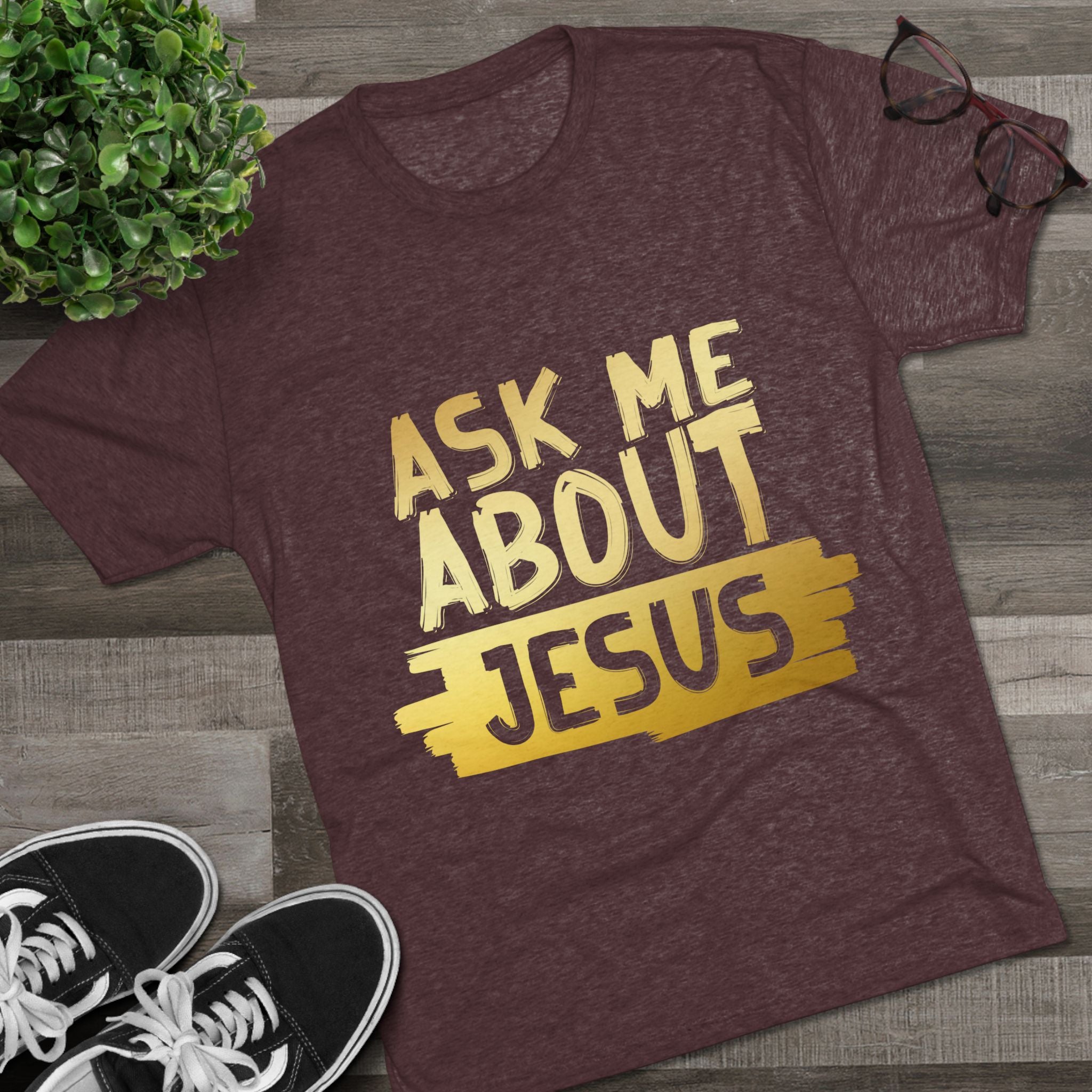 Unisex Tri-Blend Crew Tee, Faith-Inspired Gold Tee, Christian T-Shirt, Inspirational Gift, Casual Everyday Wear, Ask Me About Jesus Shirt