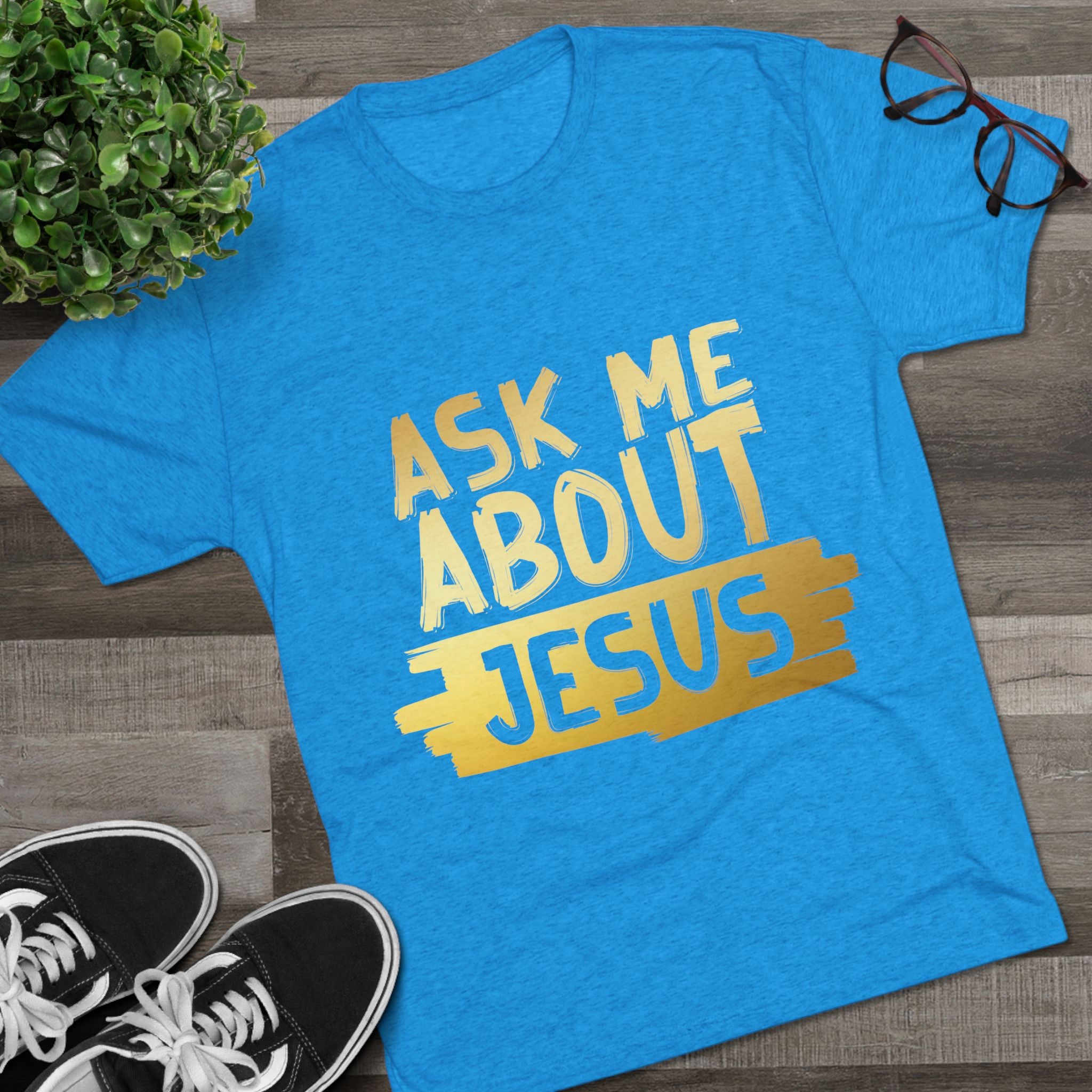 Unisex Tri-Blend Crew Tee, Faith-Inspired Gold Tee, Christian T-Shirt, Inspirational Gift, Casual Everyday Wear, Ask Me About Jesus Shirt