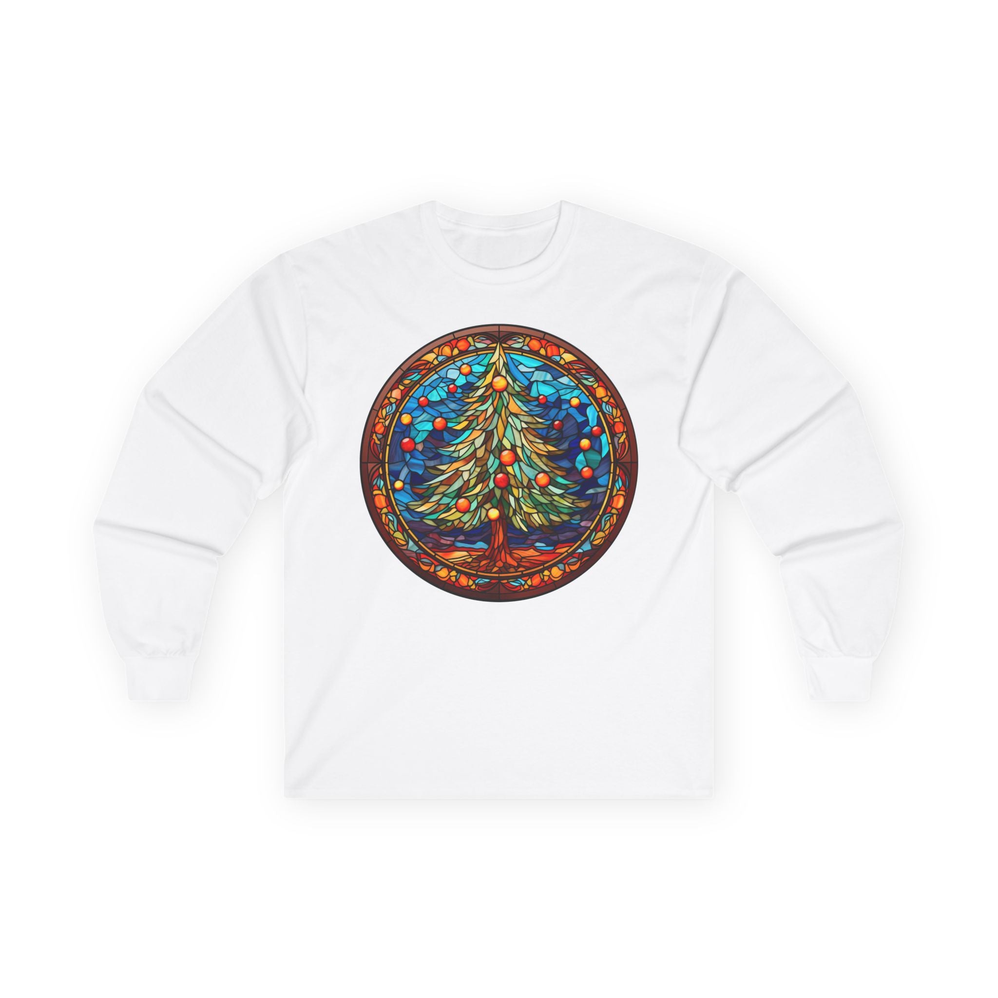 Long Sleeve Tee Stained Glass Christmas Tree Design