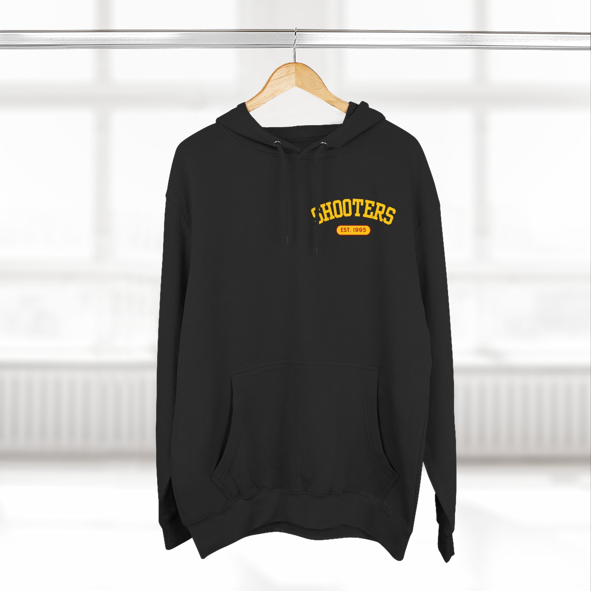 Shooter's Three-Panel Fleece Hoodie, Cozy Sweatshirt, Casual Streetwear, Unique Gift, Holiday Apparel, Stylish Layering