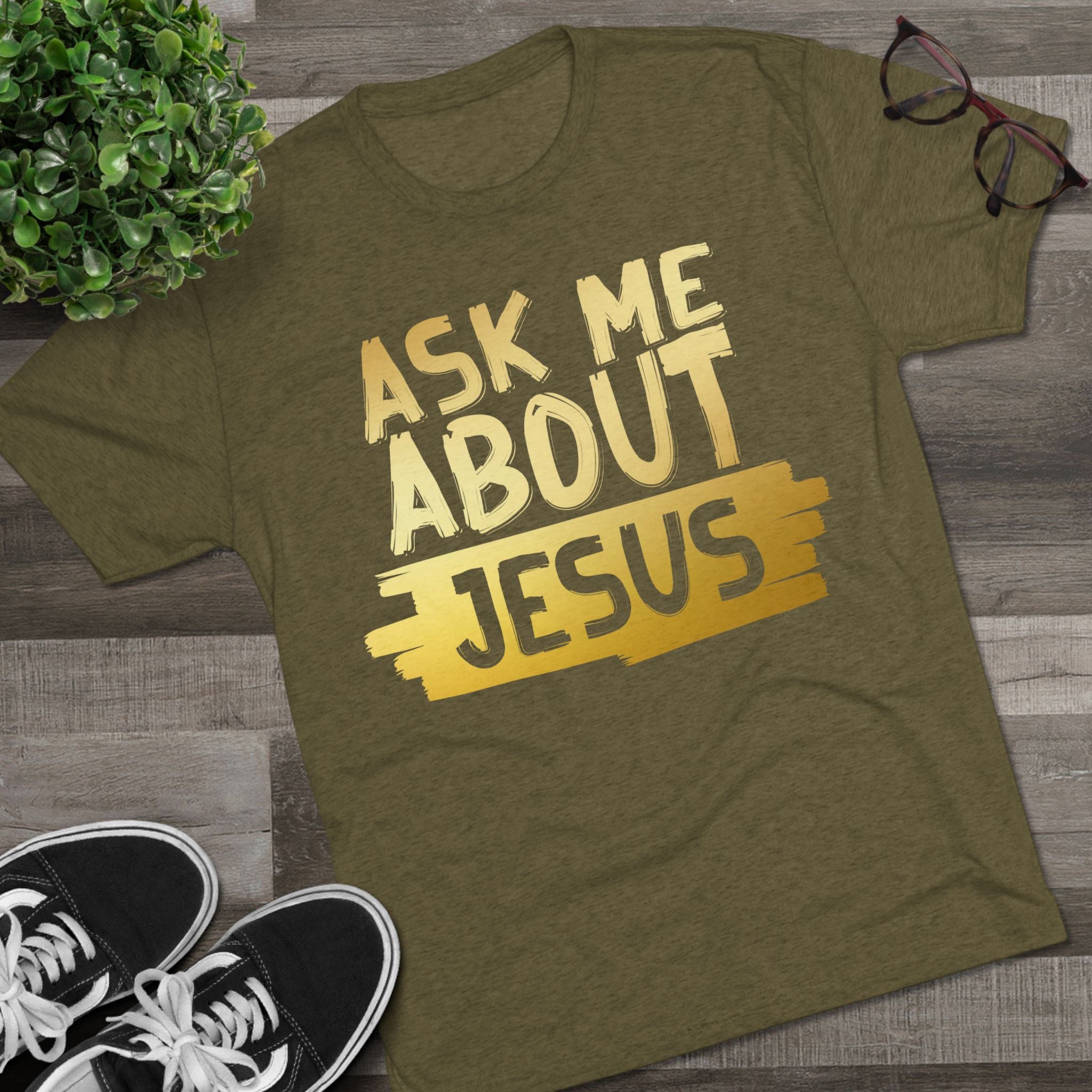 Unisex Tri-Blend Crew Tee, Faith-Inspired Gold Tee, Christian T-Shirt, Inspirational Gift, Casual Everyday Wear, Ask Me About Jesus Shirt