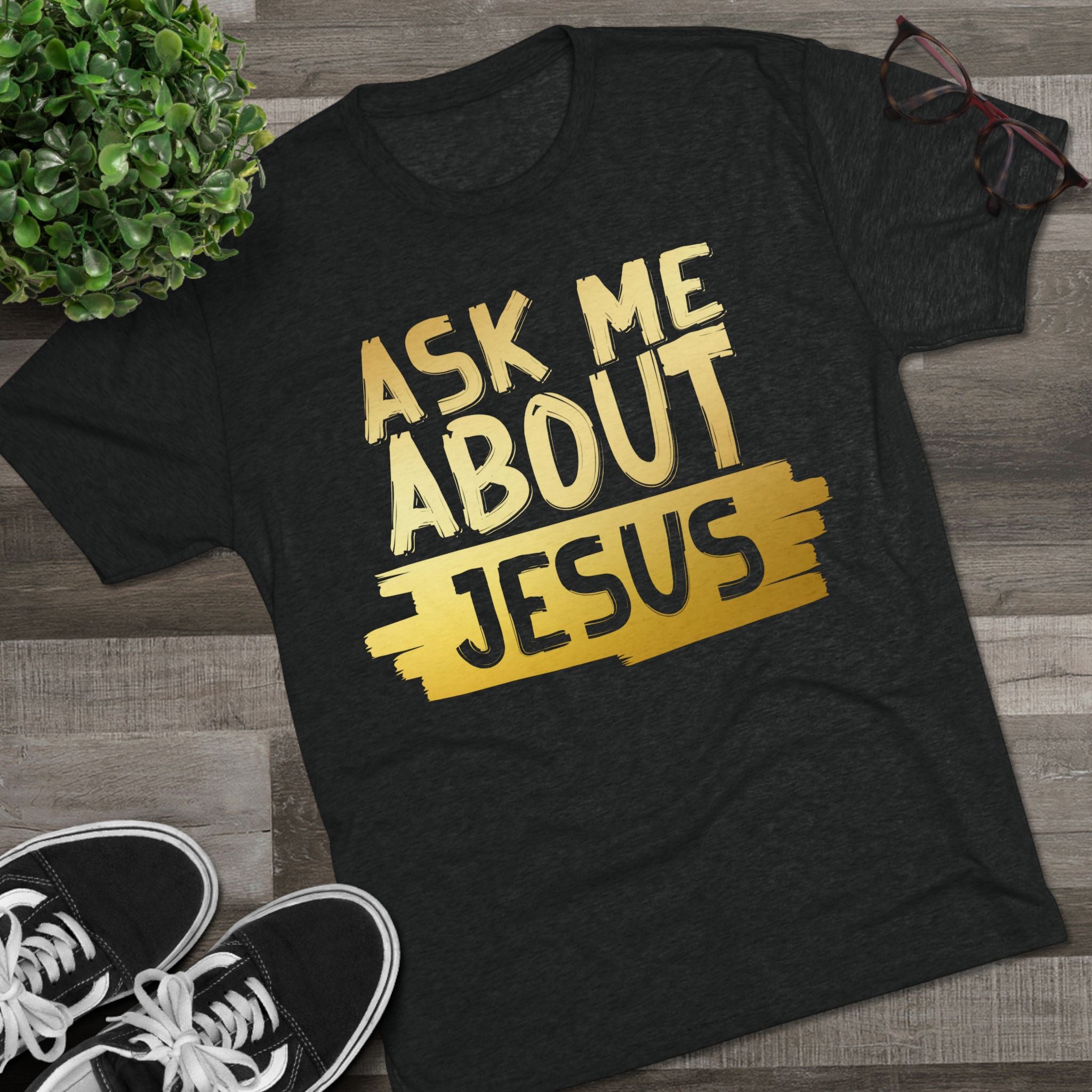 Unisex Tri-Blend Crew Tee, Faith-Inspired Gold Tee, Christian T-Shirt, Inspirational Gift, Casual Everyday Wear, Ask Me About Jesus Shirt