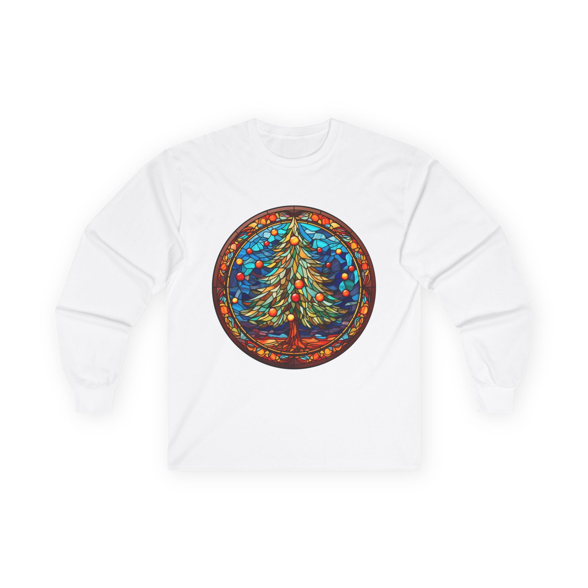 Long Sleeve Tee Stained Glass Christmas Tree Design