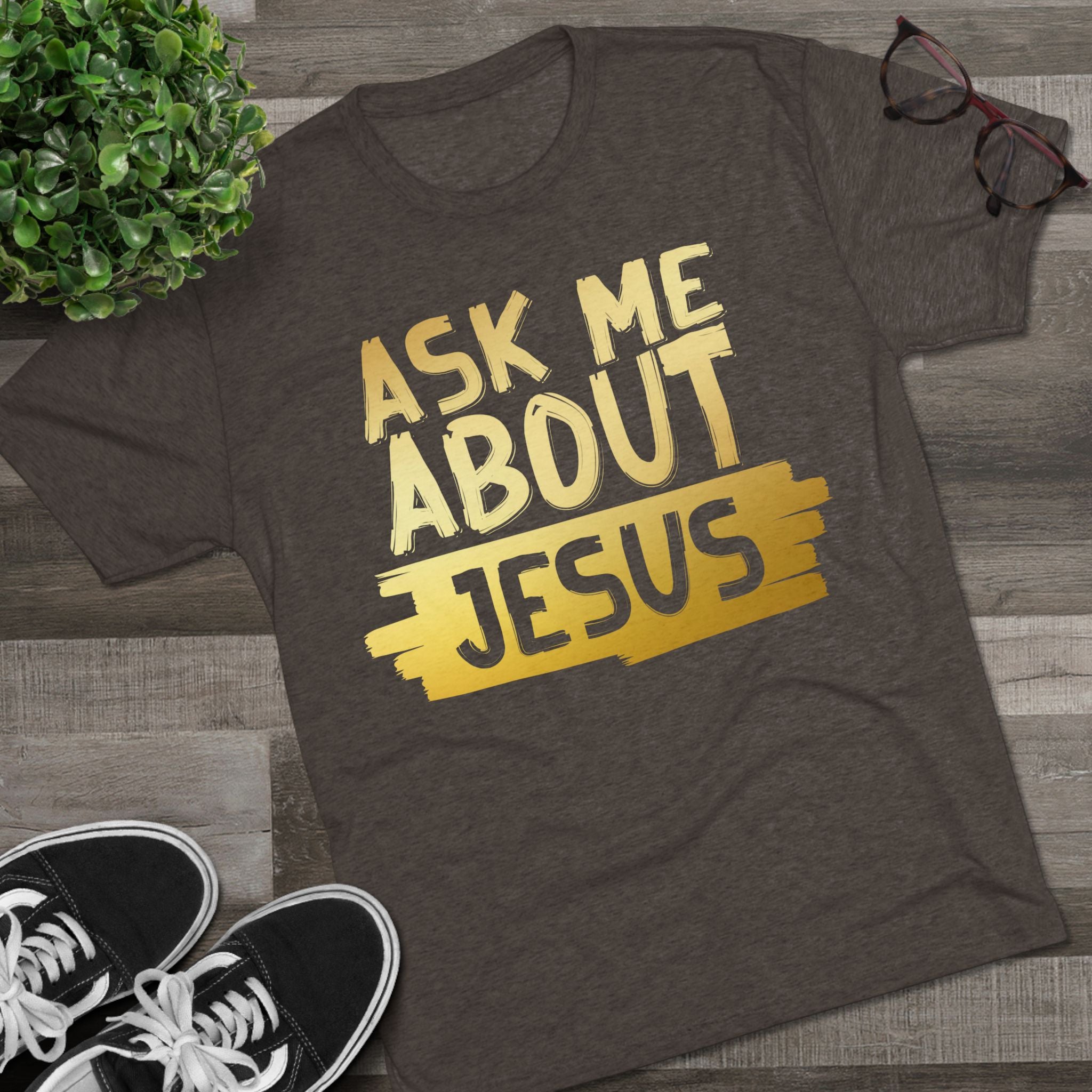Unisex Tri-Blend Crew Tee, Faith-Inspired Gold Tee, Christian T-Shirt, Inspirational Gift, Casual Everyday Wear, Ask Me About Jesus Shirt