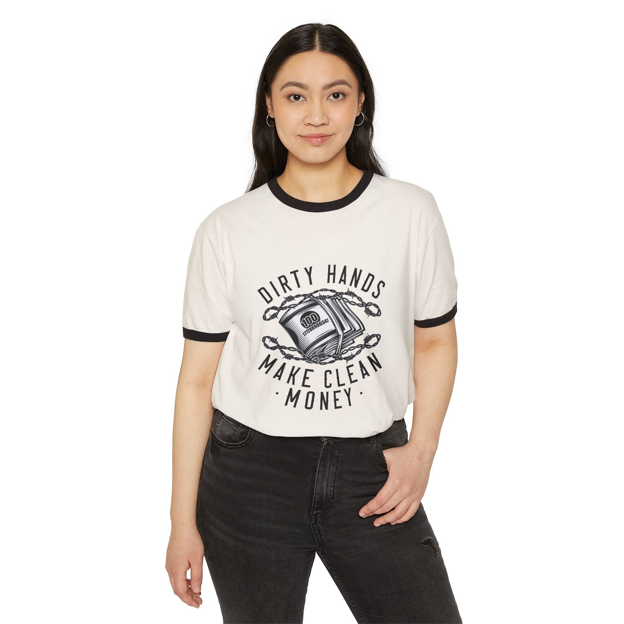 Dirty Hands, Clean Money Unisex Ringer T-Shirt | Casual Tee for Workers, Gifts for DIY Lovers, Fun Apparel for Crafting, Everyday Wear