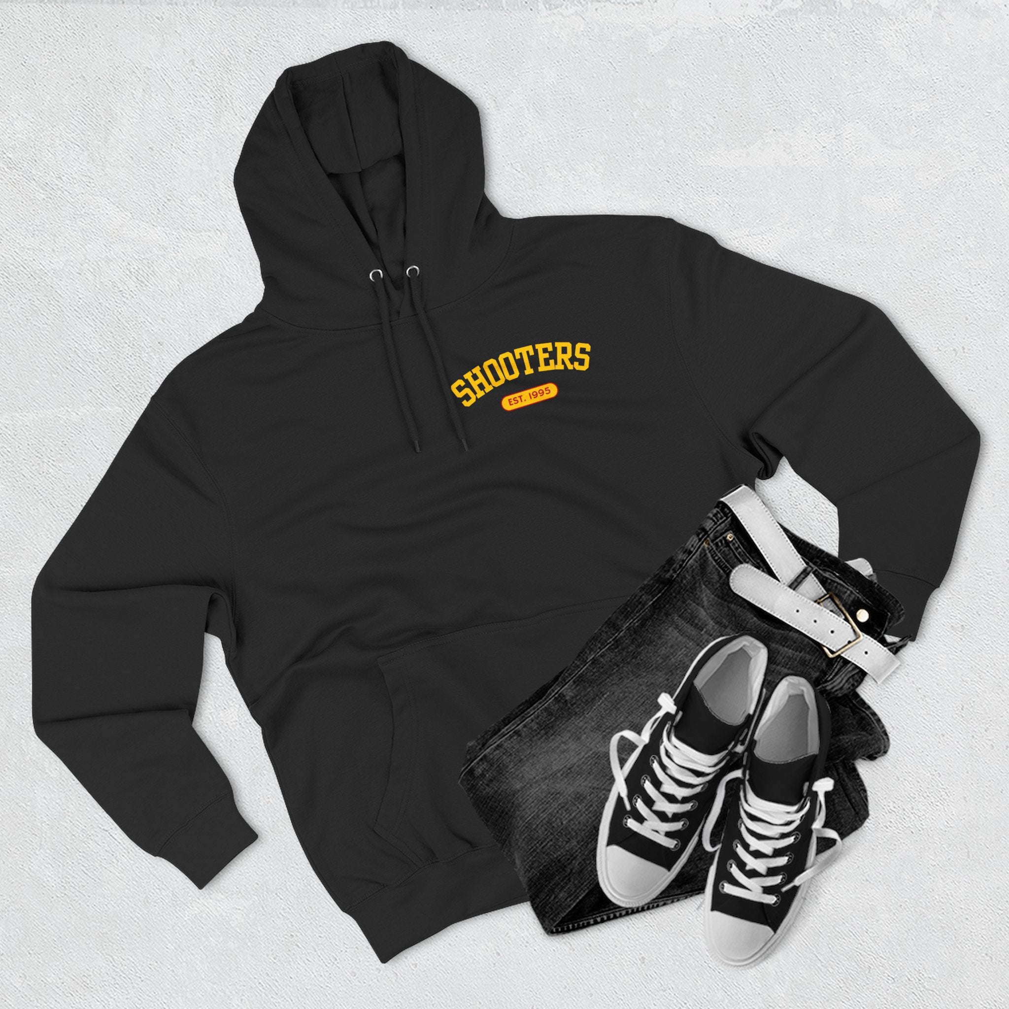 Shooter's Three-Panel Fleece Hoodie, Cozy Sweatshirt, Casual Streetwear, Unique Gift, Holiday Apparel, Stylish Layering