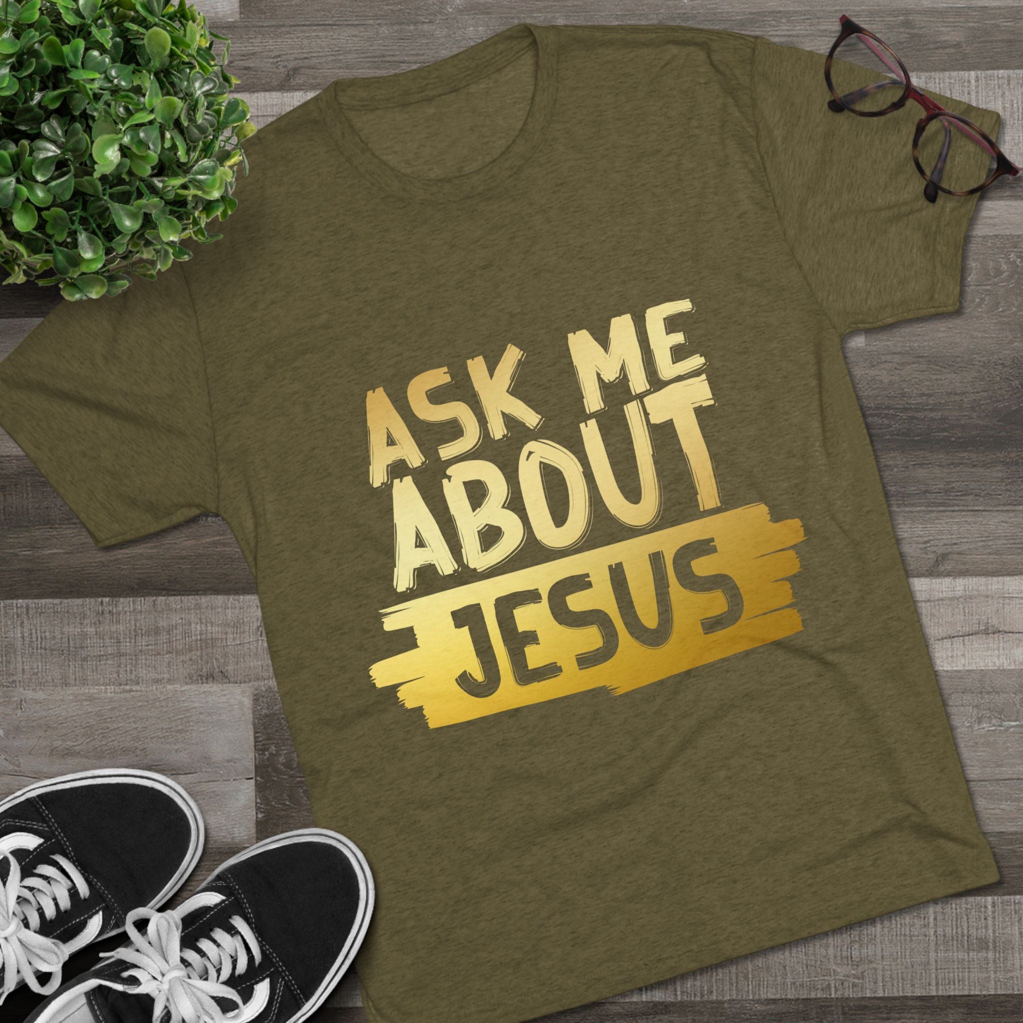 Unisex Tri-Blend Crew Tee, Faith-Inspired Gold Tee, Christian T-Shirt, Inspirational Gift, Casual Everyday Wear, Ask Me About Jesus Shirt