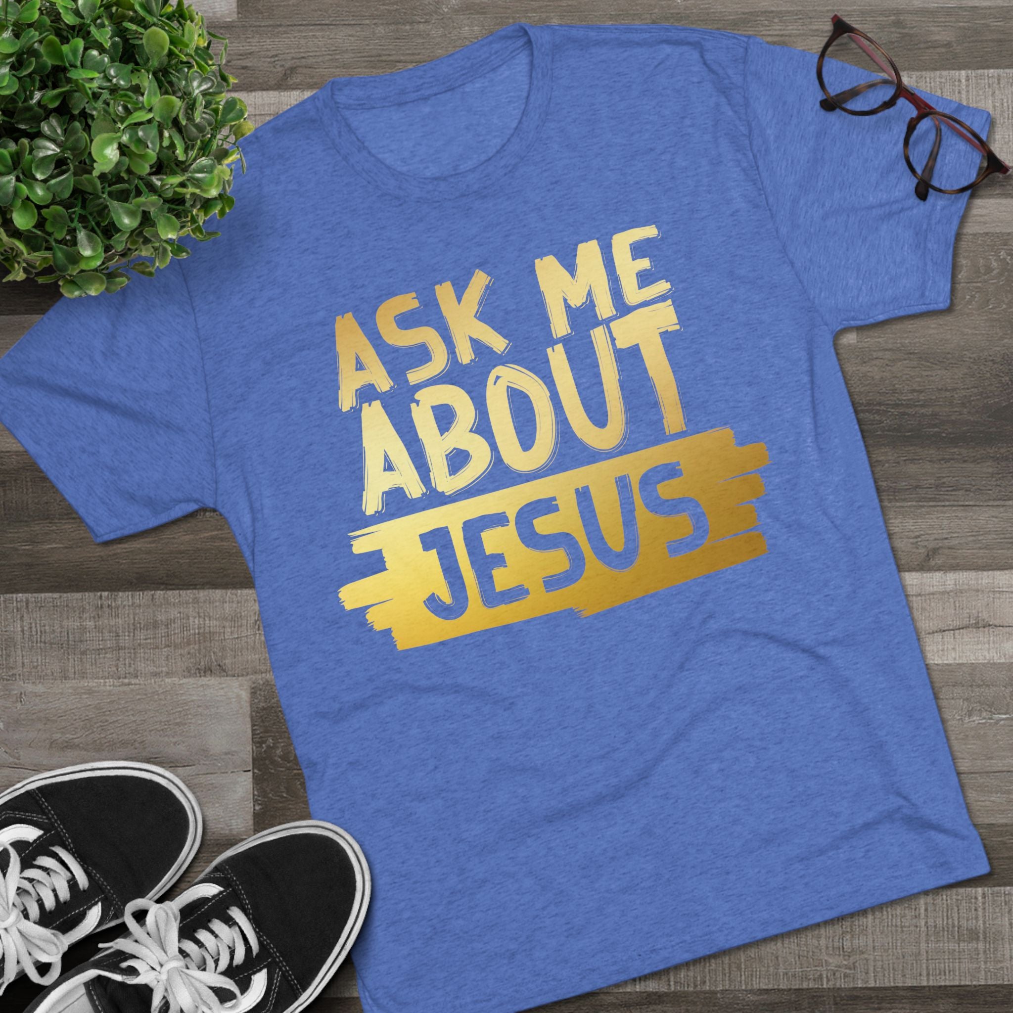 Unisex Tri-Blend Crew Tee, Faith-Inspired Gold Tee, Christian T-Shirt, Inspirational Gift, Casual Everyday Wear, Ask Me About Jesus Shirt