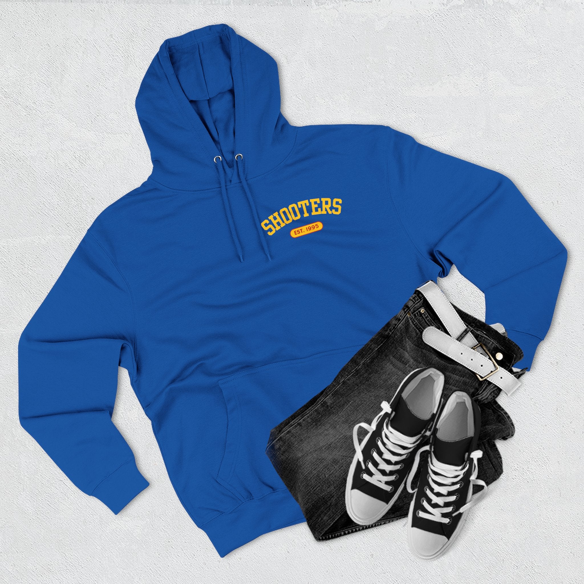 Shooter's Three-Panel Fleece Hoodie, Cozy Sweatshirt, Casual Streetwear, Unique Gift, Holiday Apparel, Stylish Layering