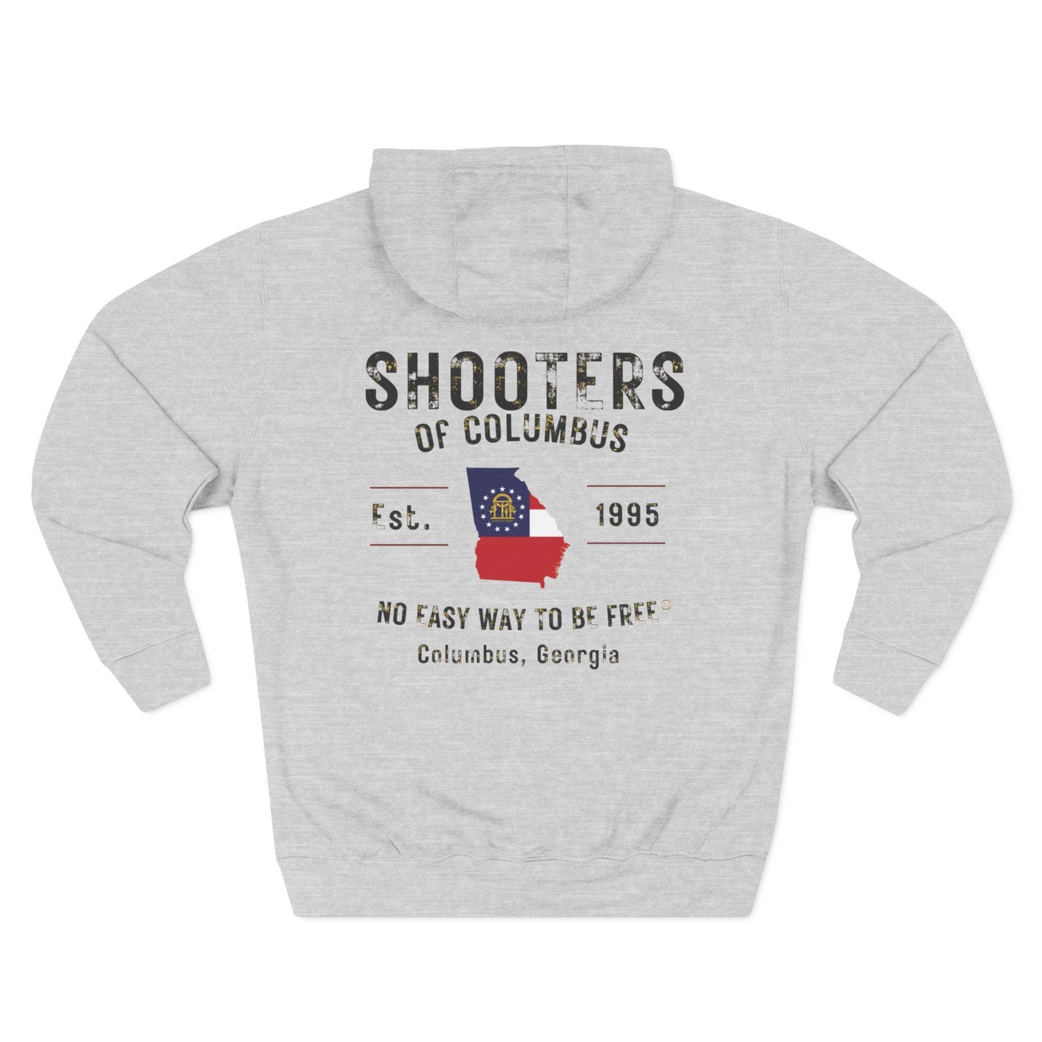 Shooter's Three-Panel Fleece Hoodie, Cozy Sweatshirt, Casual Streetwear, Unique Gift, Holiday Apparel, Stylish Layering
