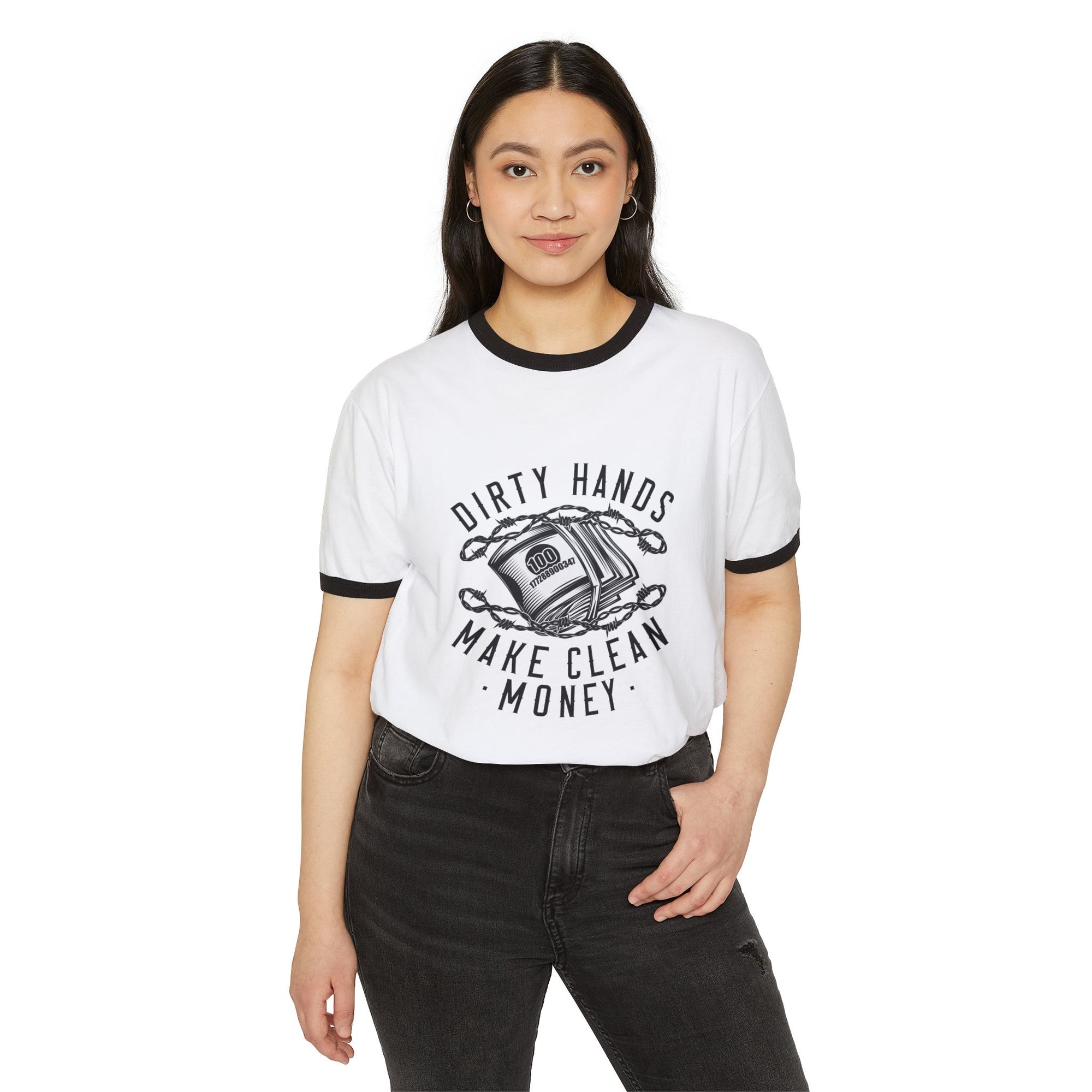 Dirty Hands, Clean Money Unisex Ringer T-Shirt | Casual Tee for Workers, Gifts for DIY Lovers, Fun Apparel for Crafting, Everyday Wear