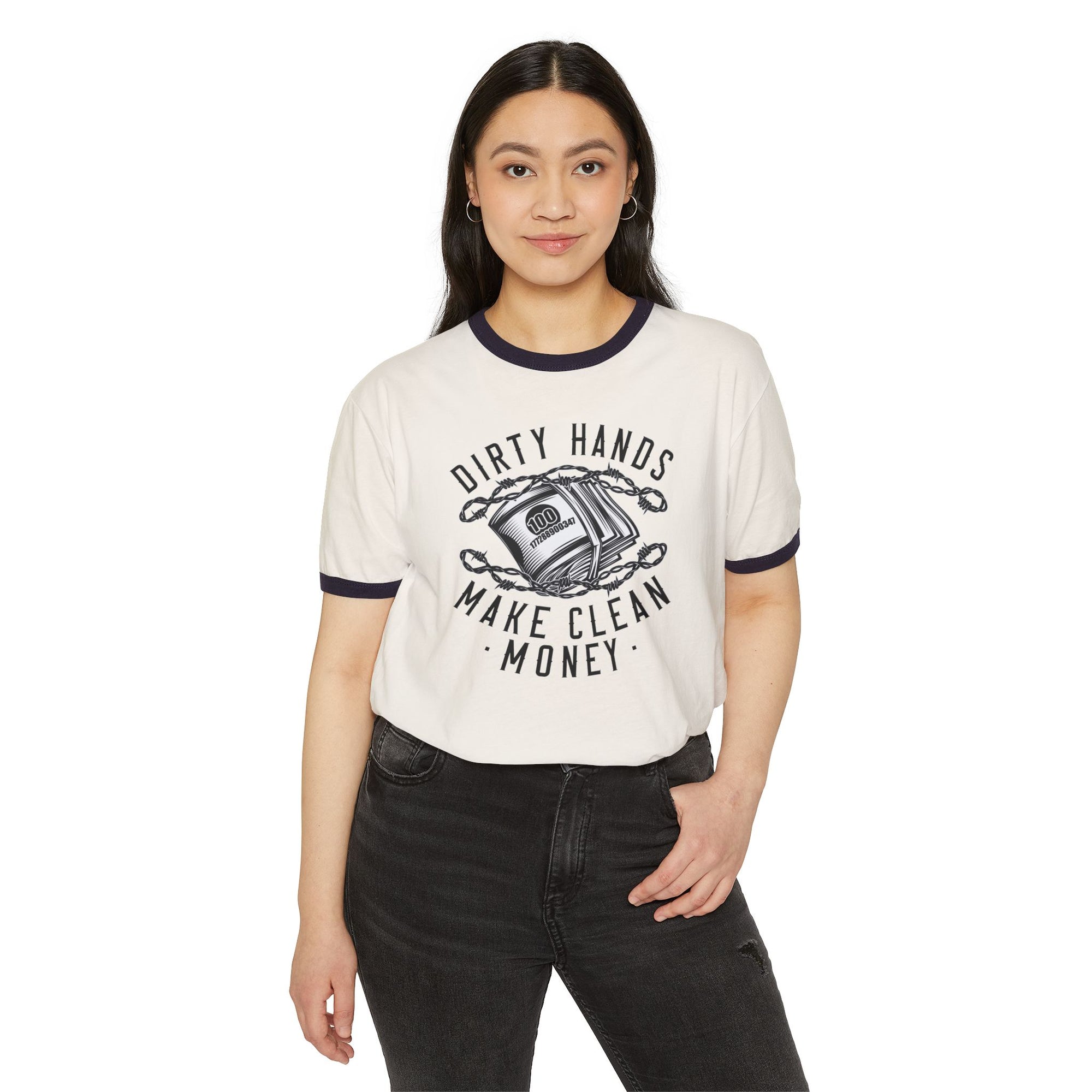 Dirty Hands, Clean Money Unisex Ringer T-Shirt | Casual Tee for Workers, Gifts for DIY Lovers, Fun Apparel for Crafting, Everyday Wear
