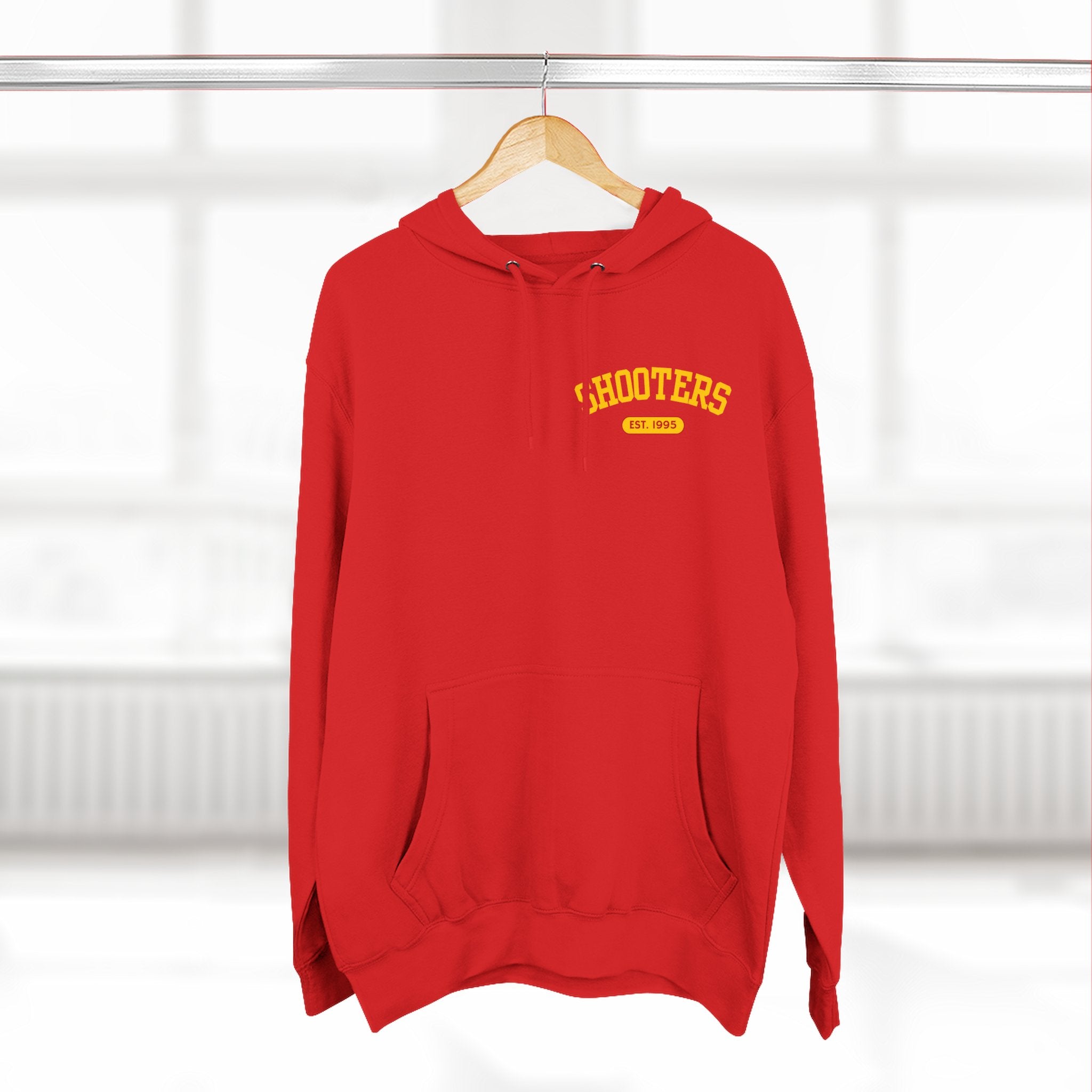 Shooter's Three-Panel Fleece Hoodie, Cozy Sweatshirt, Casual Streetwear, Unique Gift, Holiday Apparel, Stylish Layering