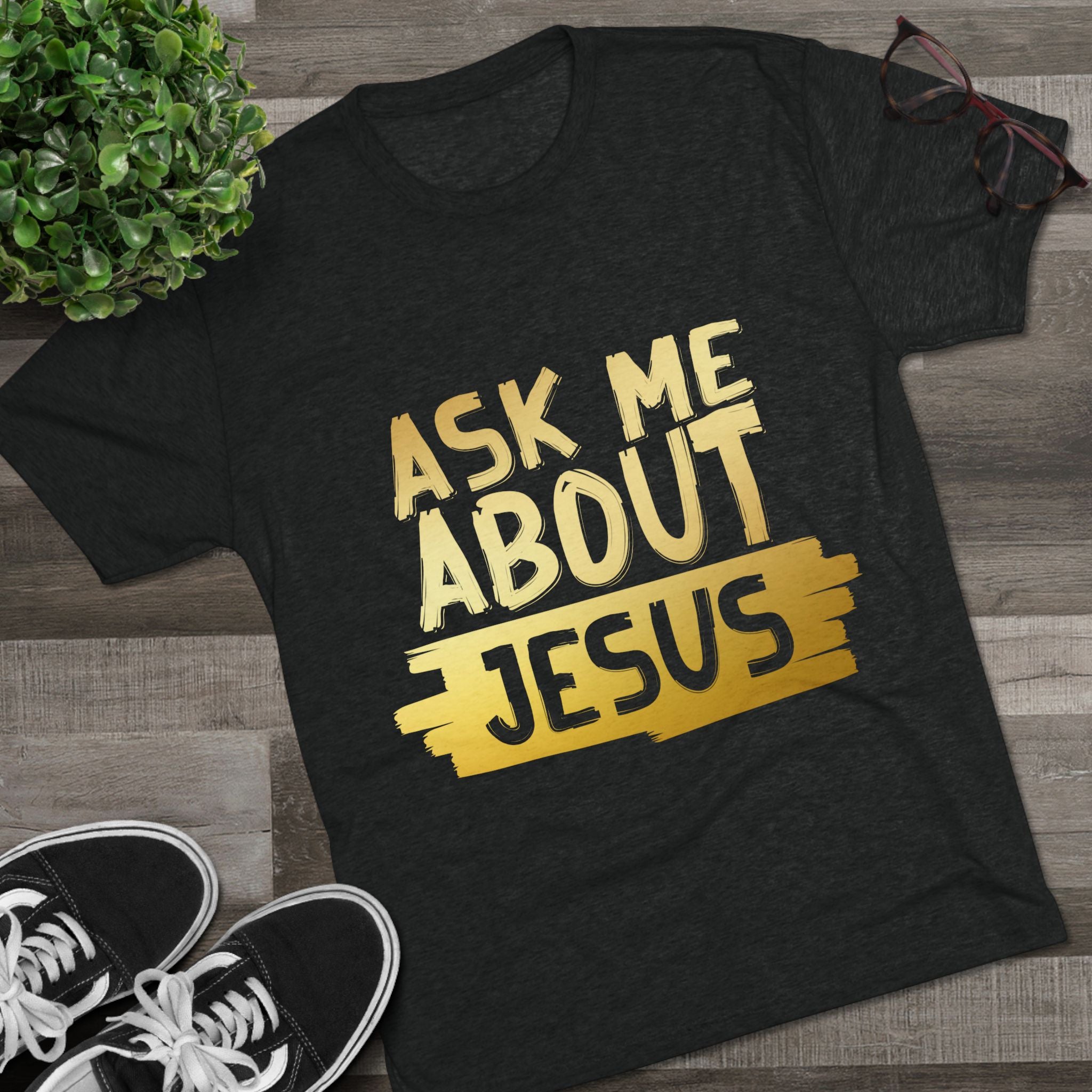 Unisex Tri-Blend Crew Tee, Faith-Inspired Gold Tee, Christian T-Shirt, Inspirational Gift, Casual Everyday Wear, Ask Me About Jesus Shirt