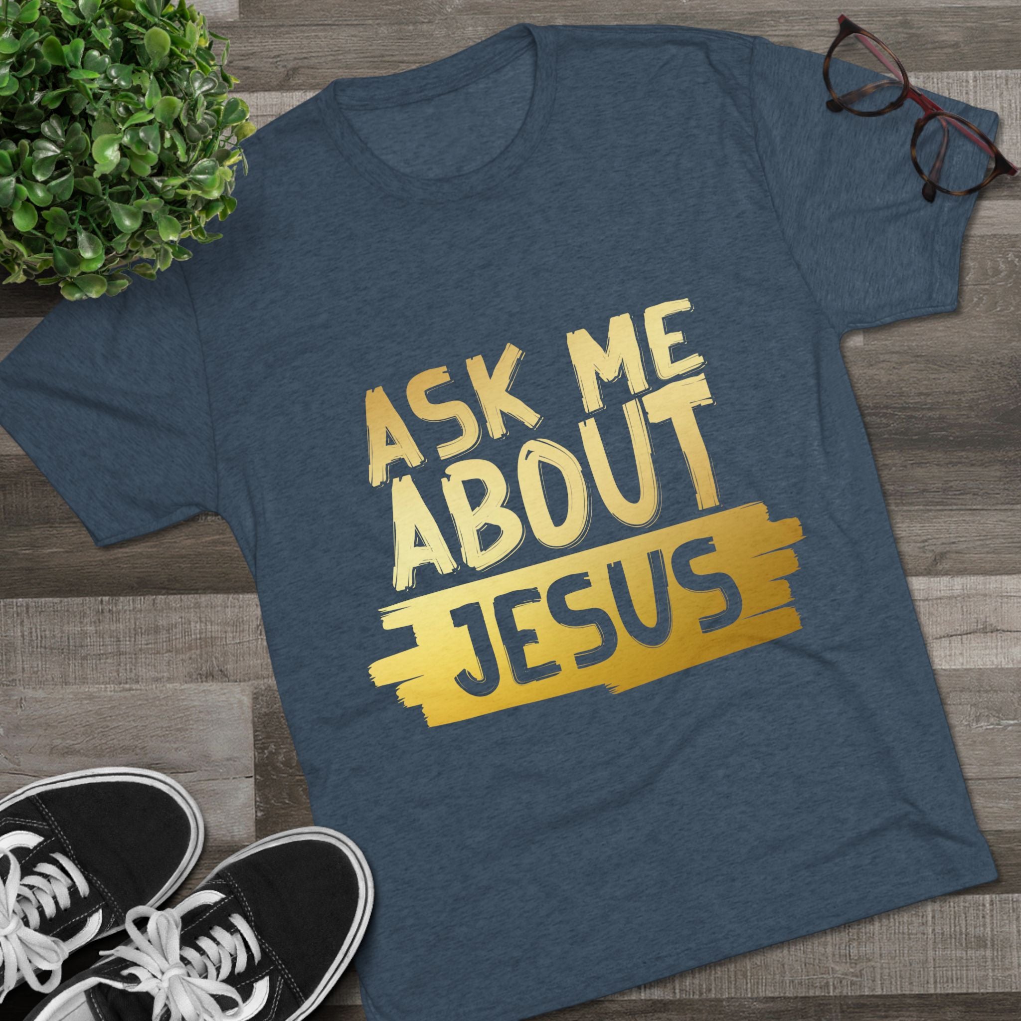 Unisex Tri-Blend Crew Tee, Faith-Inspired Gold Tee, Christian T-Shirt, Inspirational Gift, Casual Everyday Wear, Ask Me About Jesus Shirt