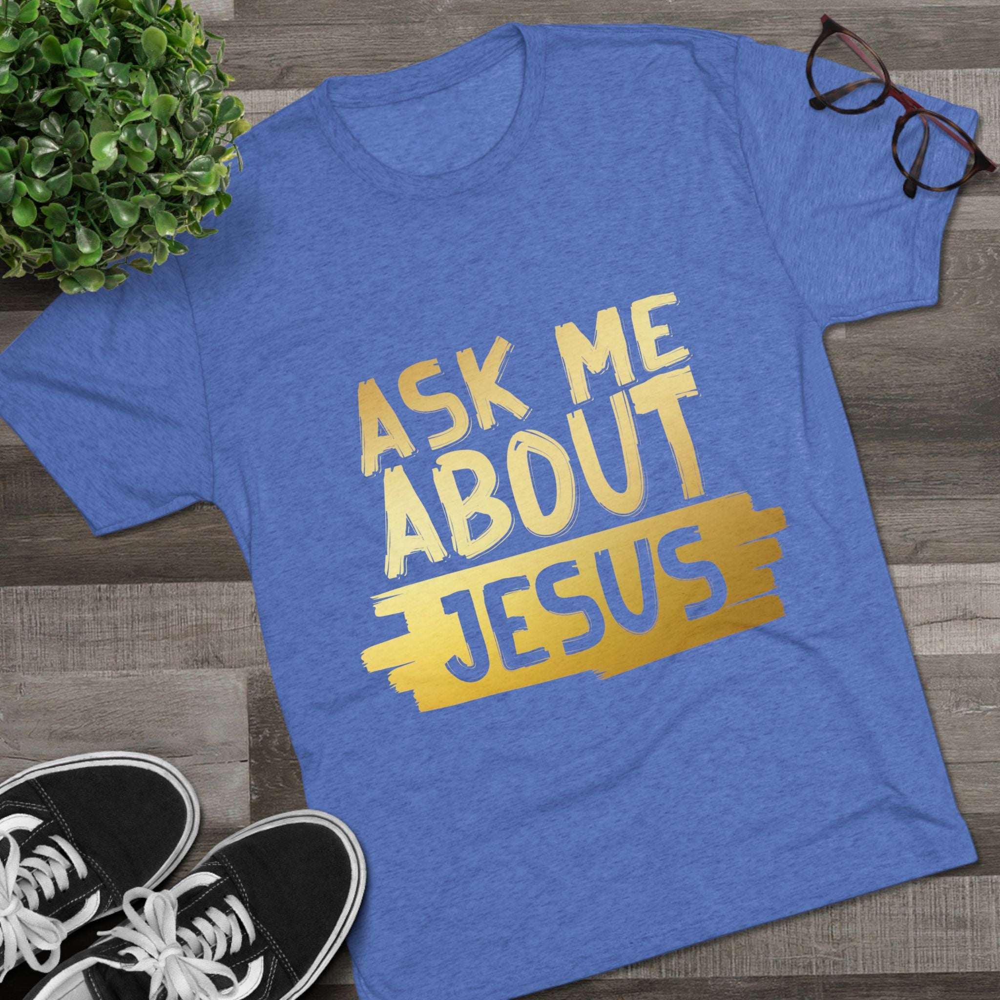 Unisex Tri-Blend Crew Tee, Faith-Inspired Gold Tee, Christian T-Shirt, Inspirational Gift, Casual Everyday Wear, Ask Me About Jesus Shirt