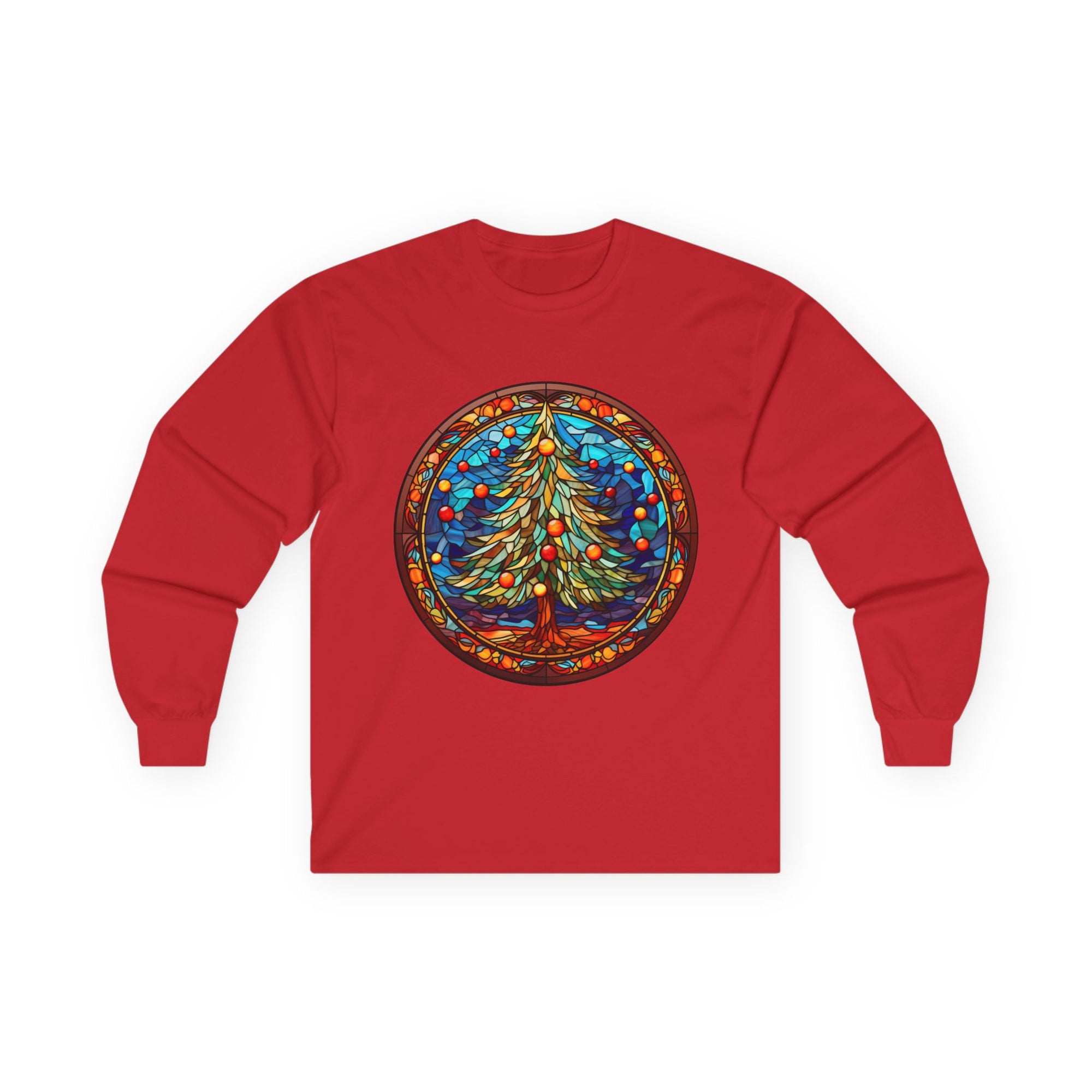 Long Sleeve Tee Stained Glass Christmas Tree Design