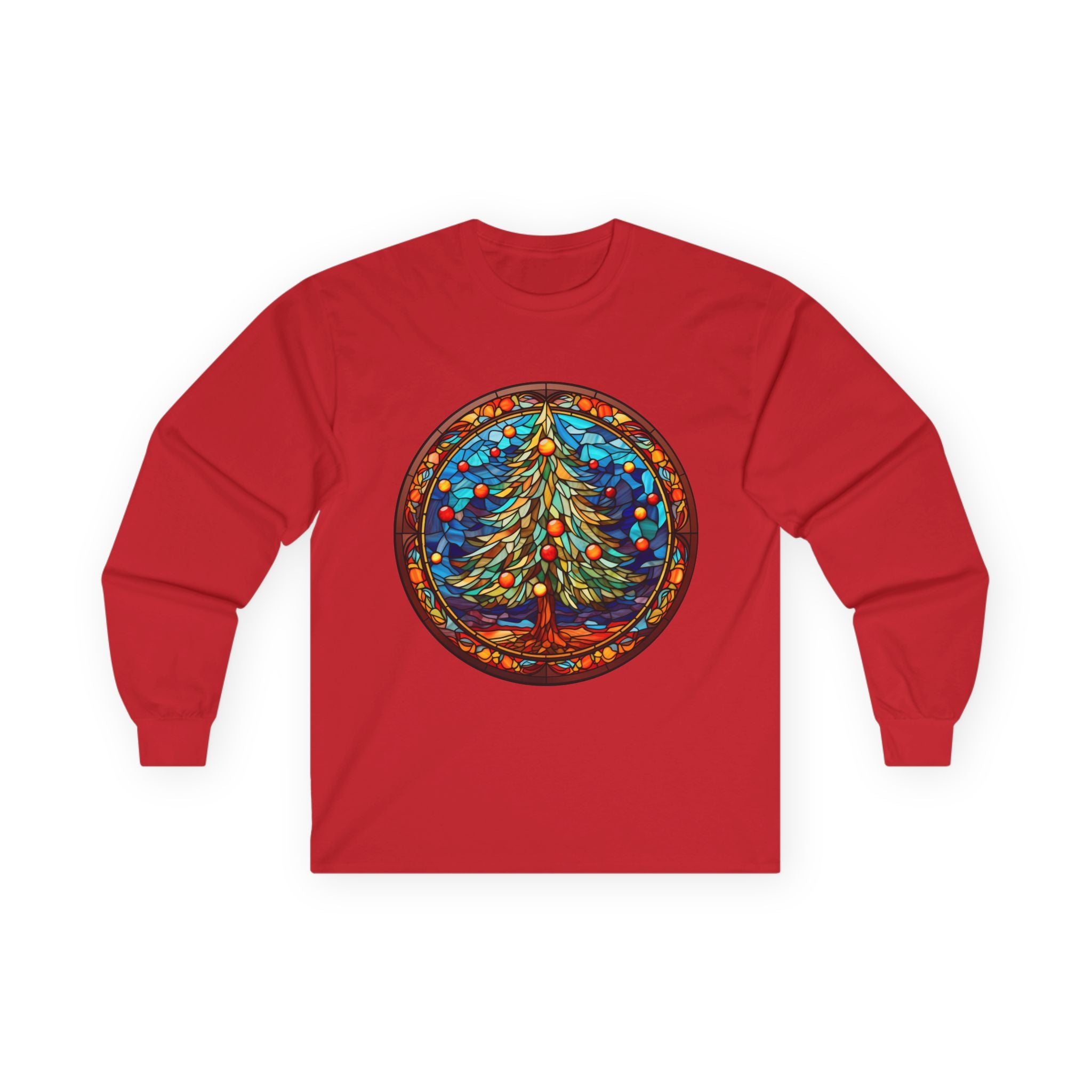 Long Sleeve Tee Stained Glass Christmas Tree Design