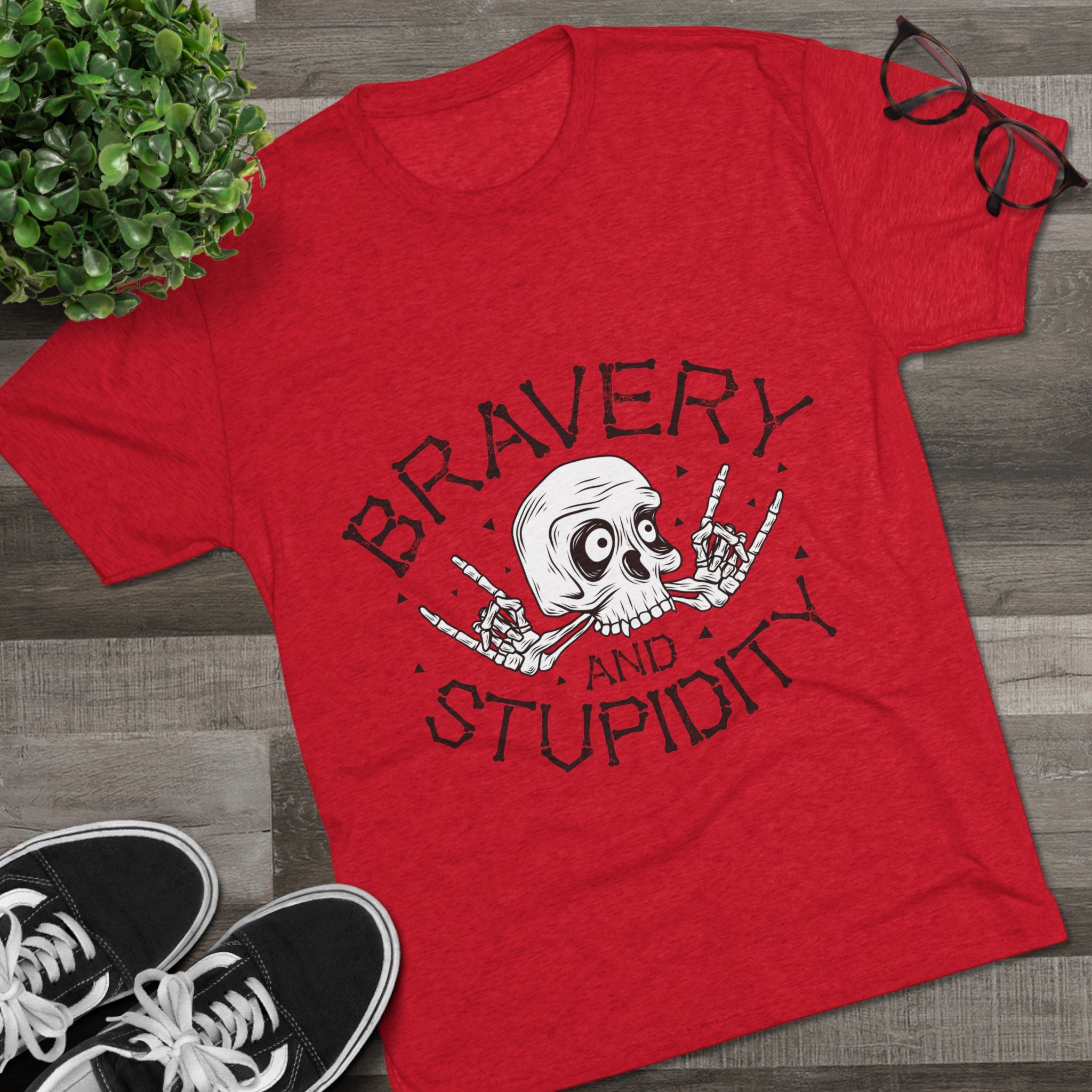 Skull Graphic Crew Tee - Bravery and Stupidity, Unisex T-Shirt, Casual Wear, Gift for Rebels, Halloween Apparel
