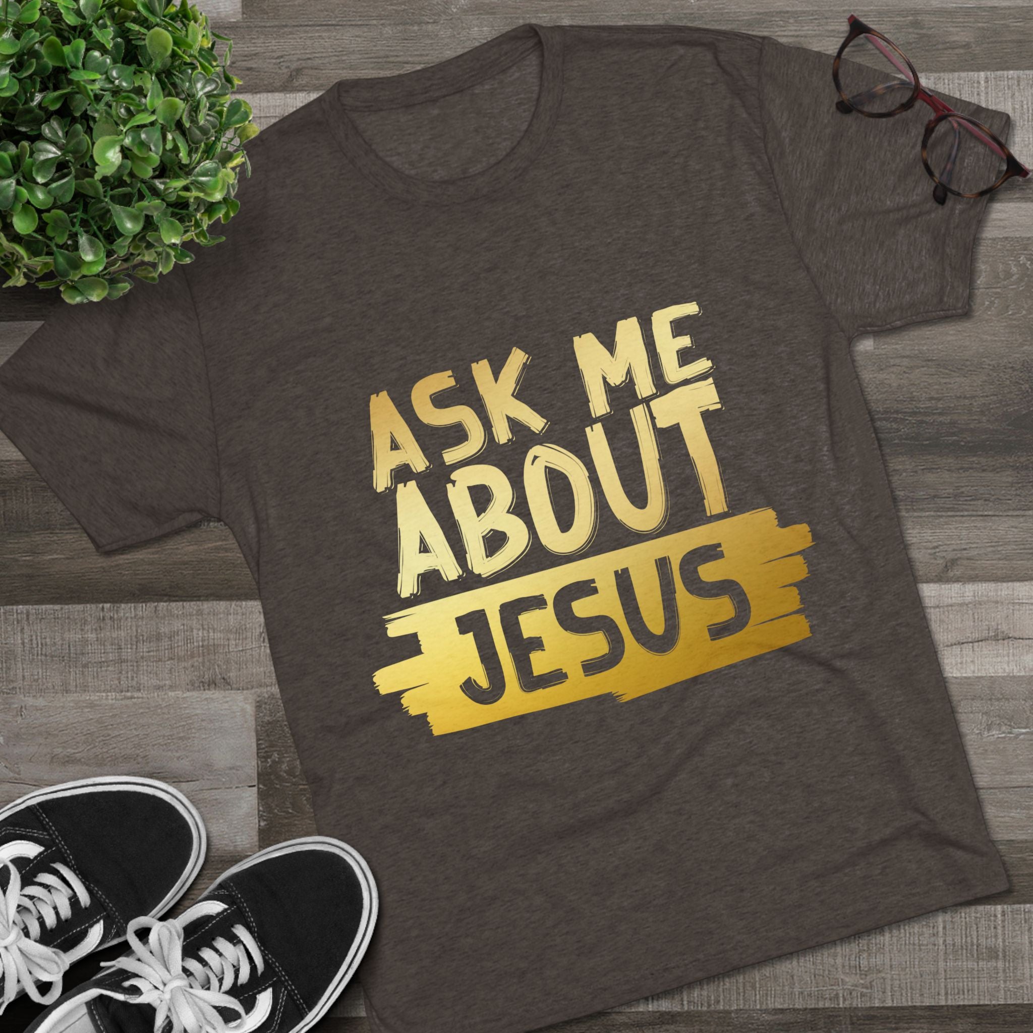 Unisex Tri-Blend Crew Tee, Faith-Inspired Gold Tee, Christian T-Shirt, Inspirational Gift, Casual Everyday Wear, Ask Me About Jesus Shirt