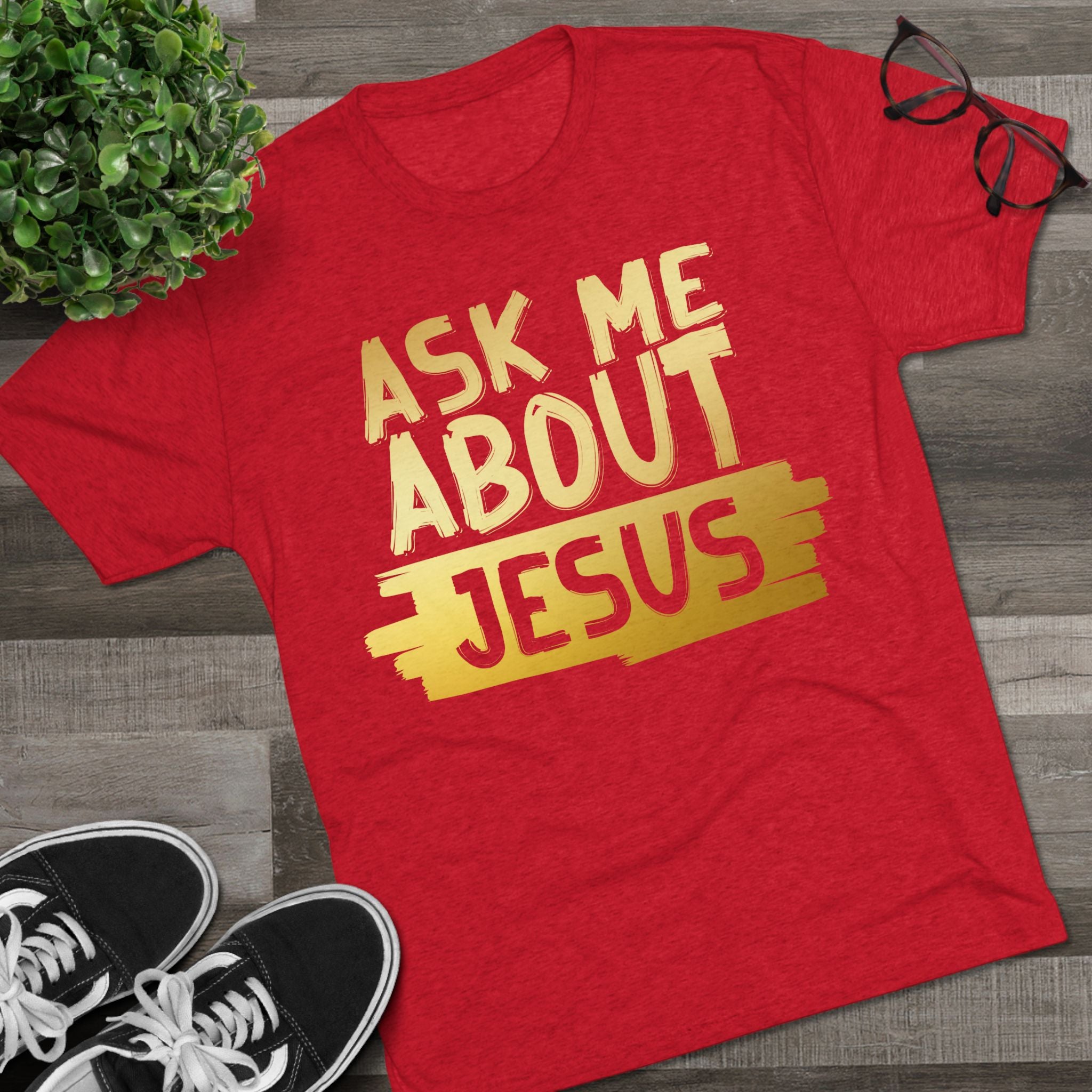 Unisex Tri-Blend Crew Tee, Faith-Inspired Gold Tee, Christian T-Shirt, Inspirational Gift, Casual Everyday Wear, Ask Me About Jesus Shirt