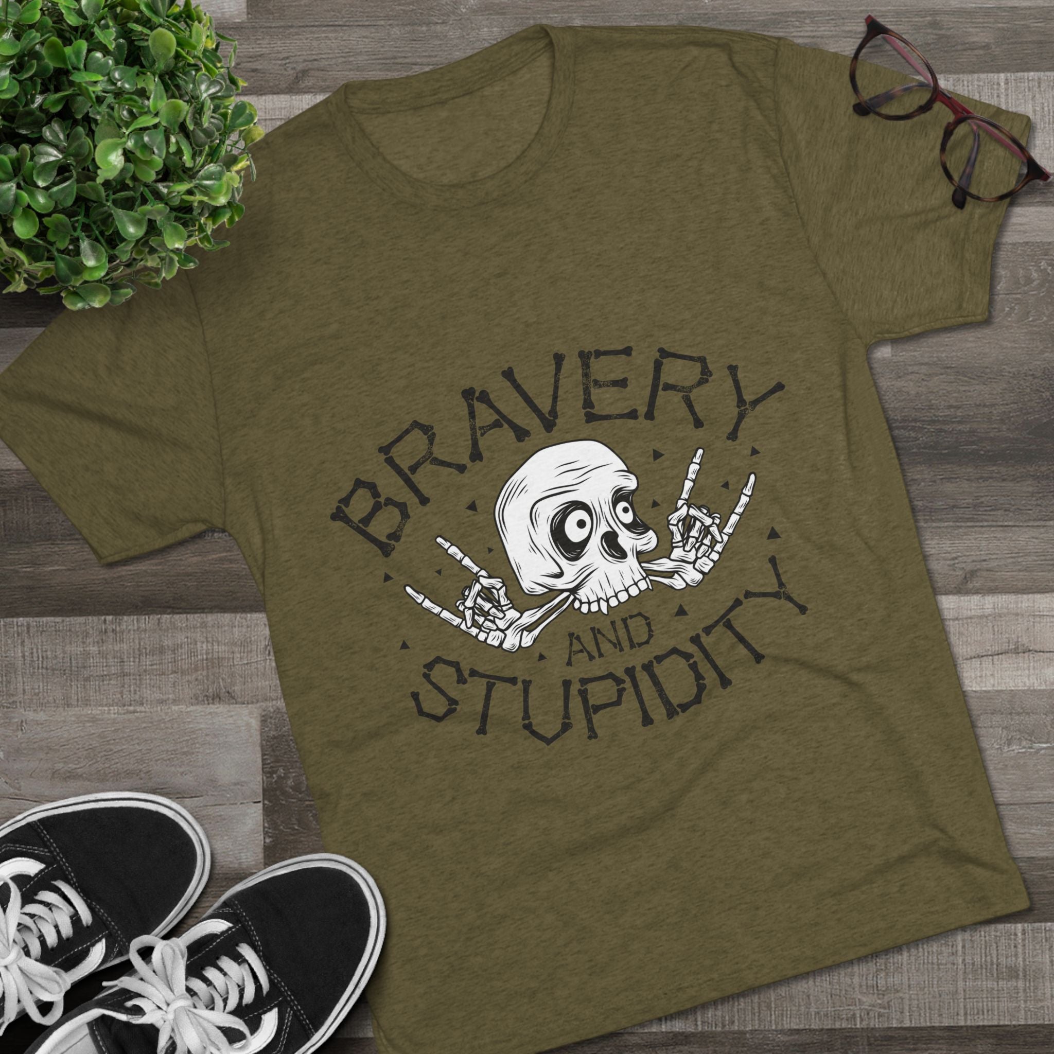 Skull Graphic Crew Tee - Bravery and Stupidity, Unisex T-Shirt, Casual Wear, Gift for Rebels, Halloween Apparel