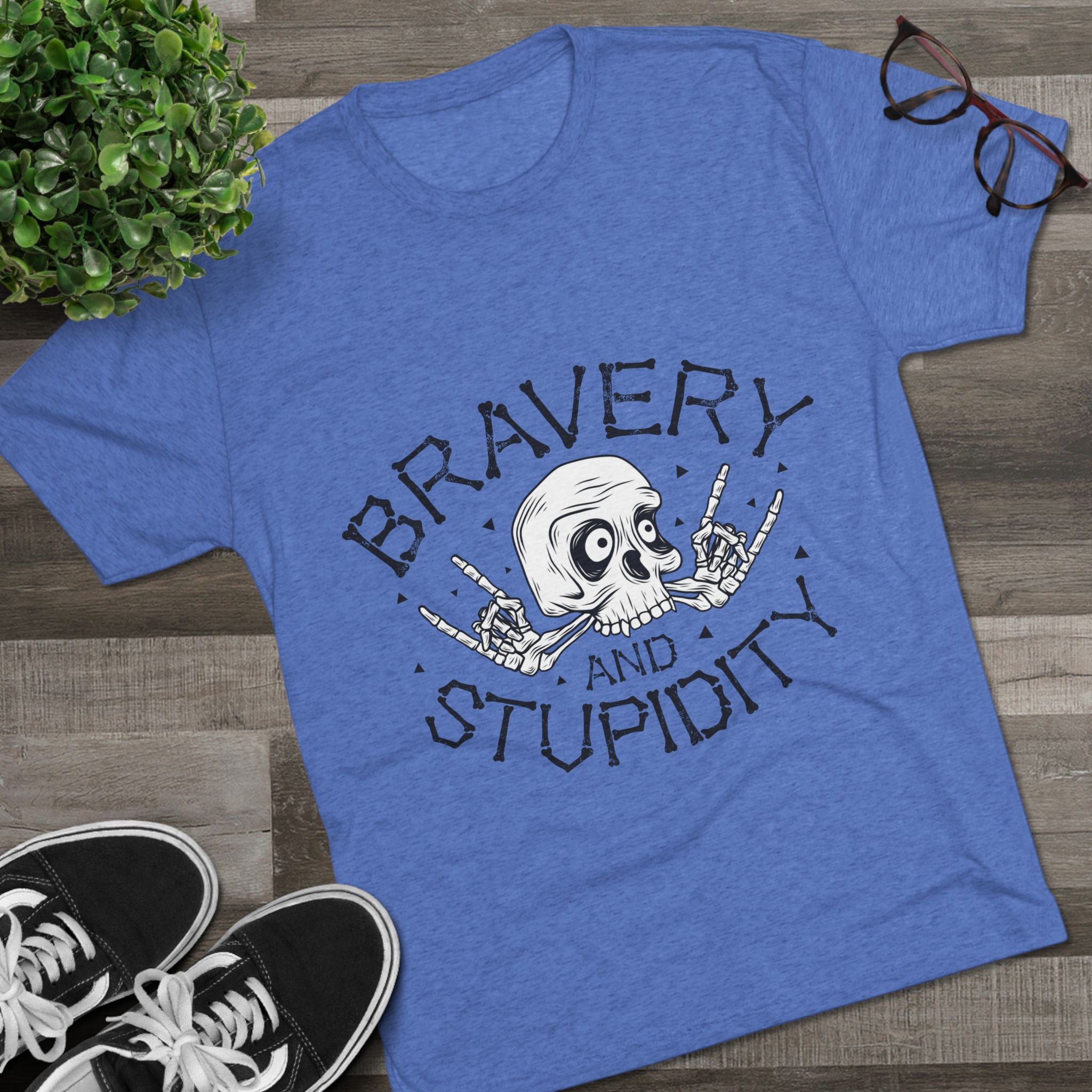 Skull Graphic Crew Tee - Bravery and Stupidity, Unisex T-Shirt, Casual Wear, Gift for Rebels, Halloween Apparel
