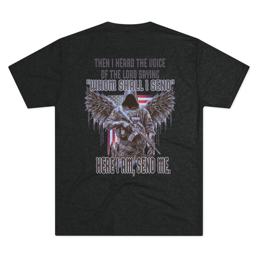 Isaiah 6:8 Inspirational Crew Tee, Christian Faith Shirt, Unisex Tri-Blend T-Shirt, Military Themed Tee, Spiritual Gifts for Men and Women