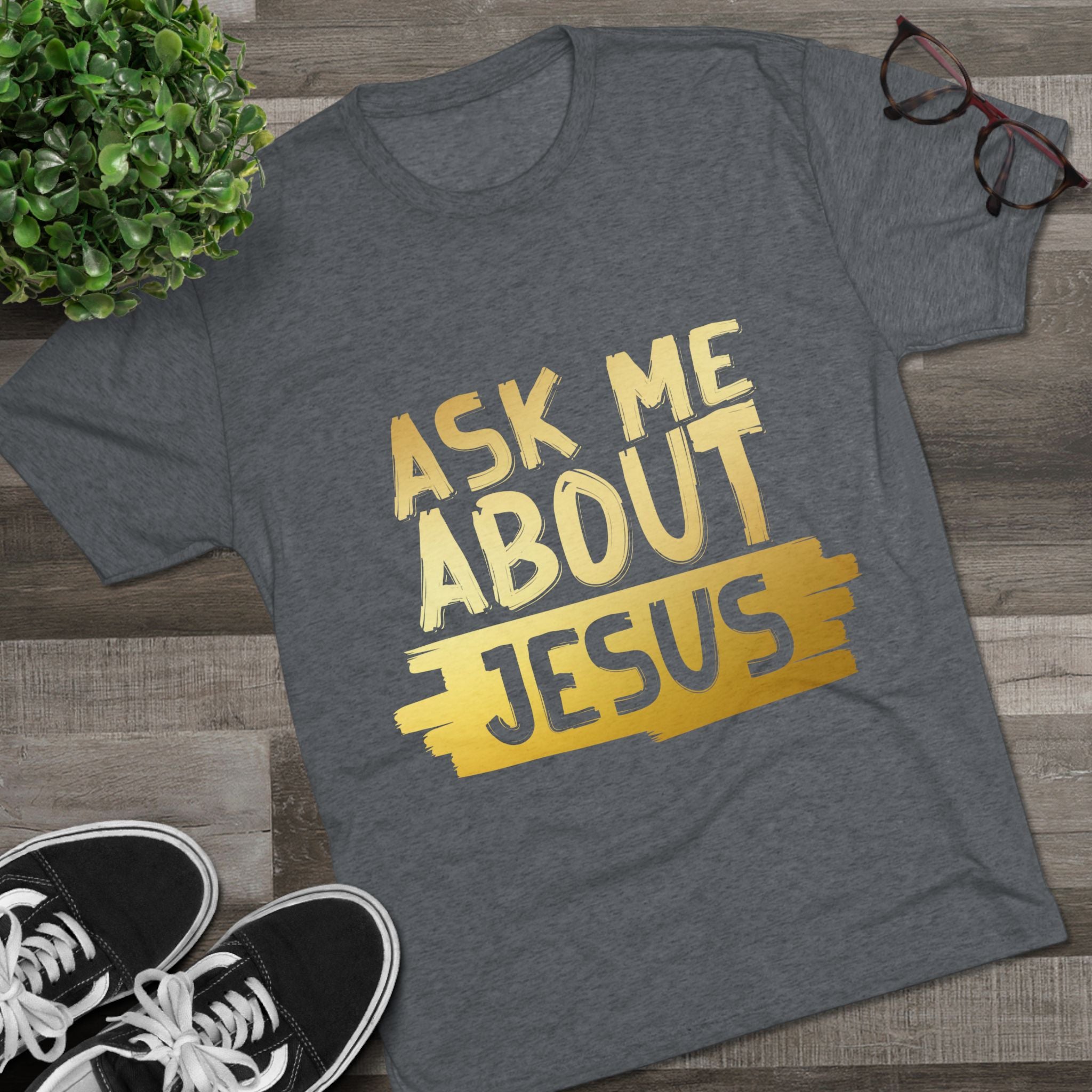 Unisex Tri-Blend Crew Tee, Faith-Inspired Gold Tee, Christian T-Shirt, Inspirational Gift, Casual Everyday Wear, Ask Me About Jesus Shirt