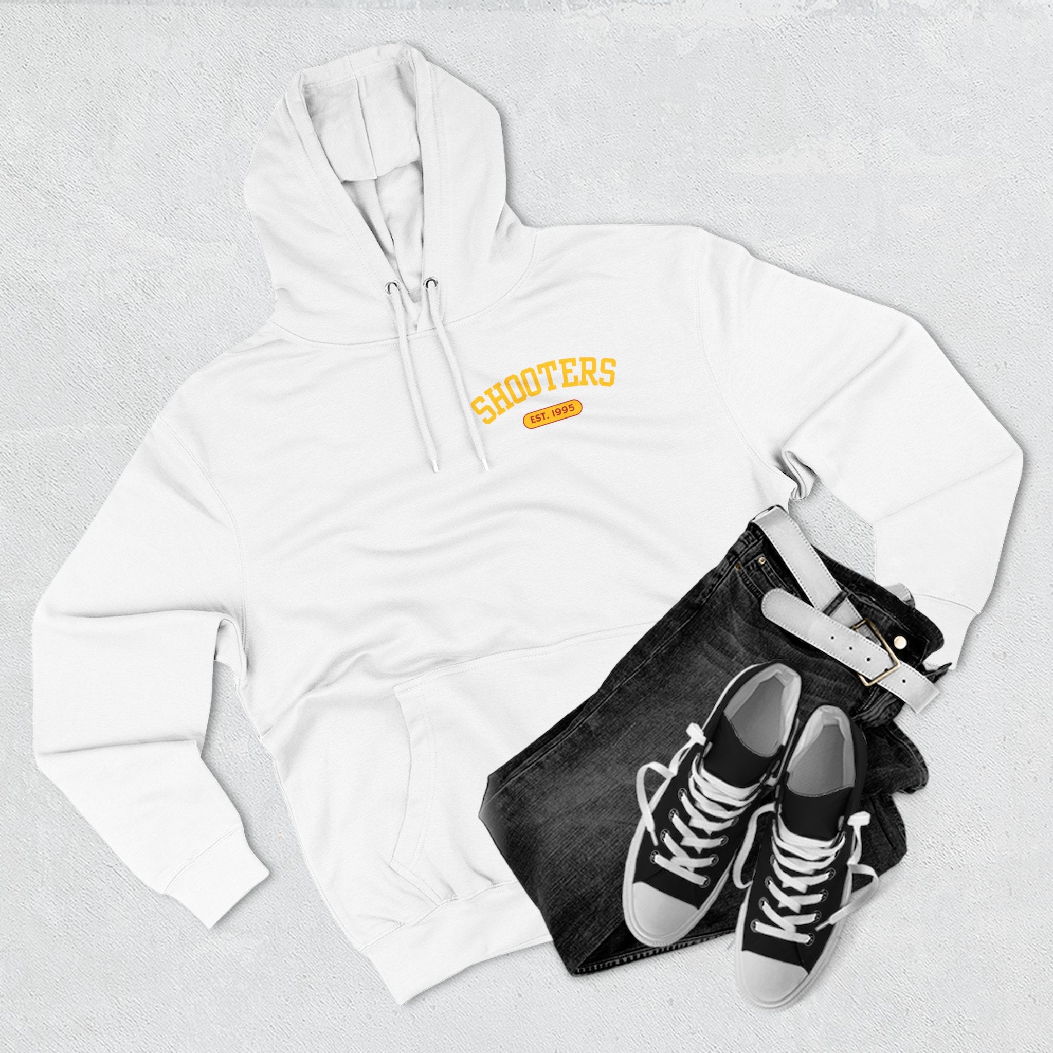 Shooter's Three-Panel Fleece Hoodie, Cozy Sweatshirt, Casual Streetwear, Unique Gift, Holiday Apparel, Stylish Layering