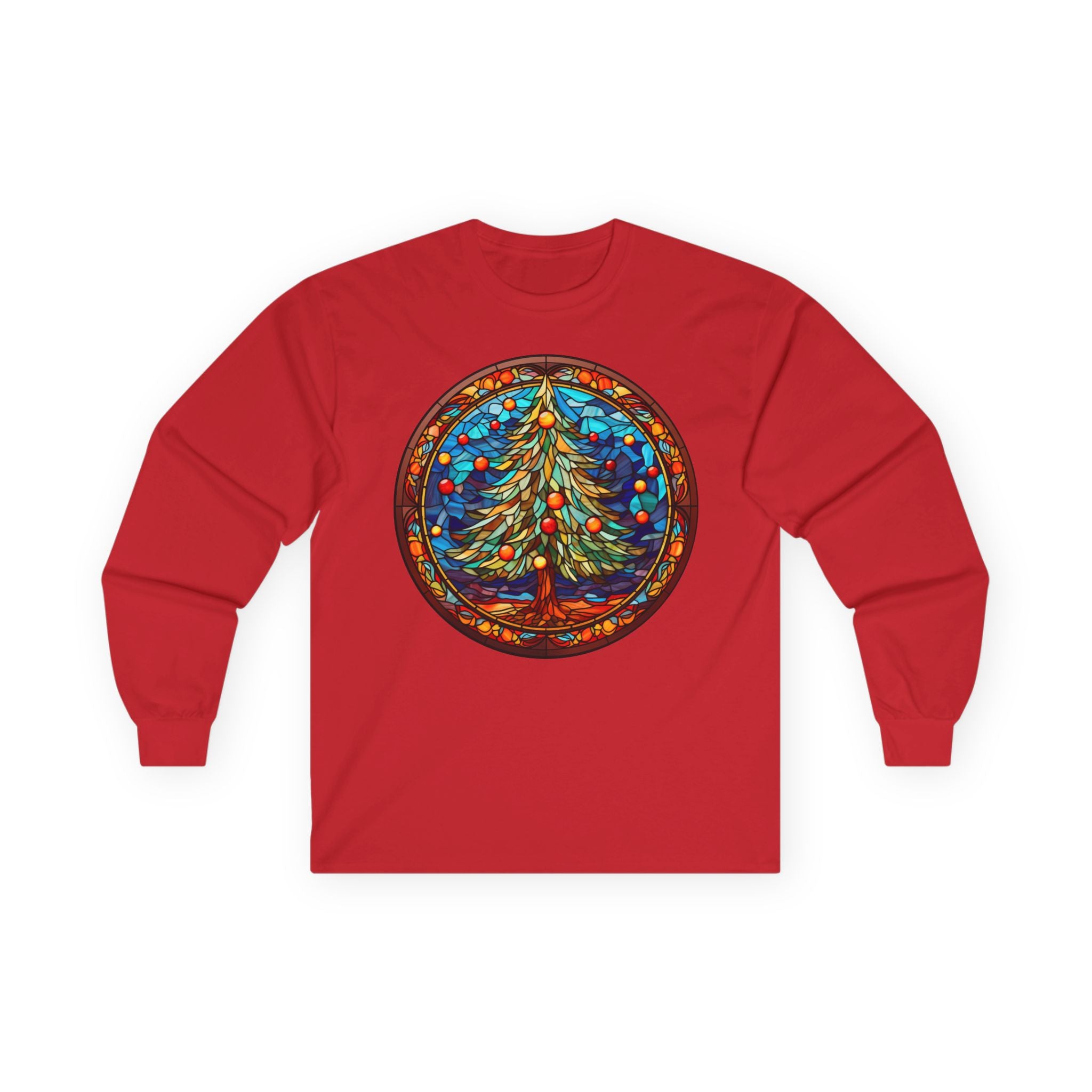Long Sleeve Tee Stained Glass Christmas Tree Design