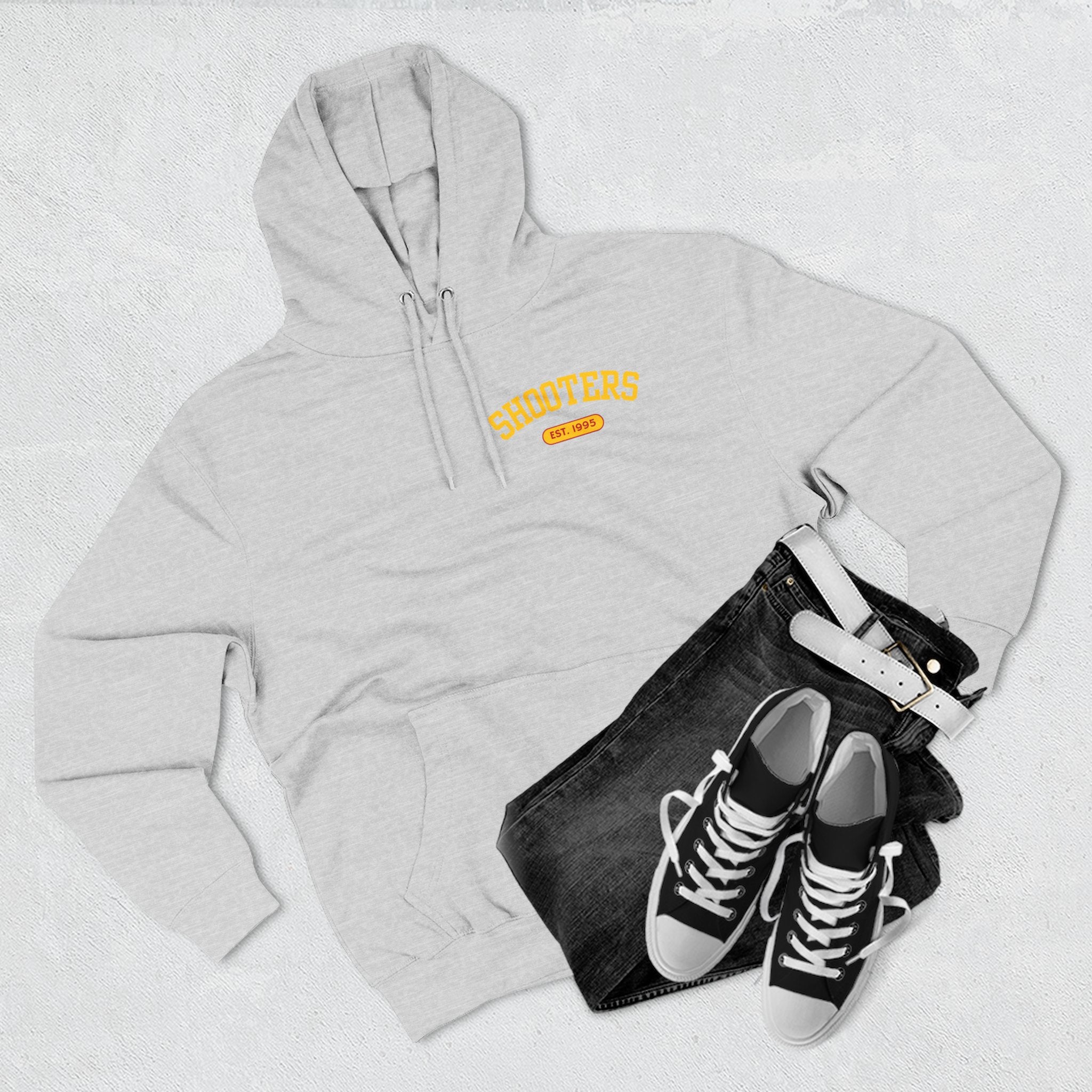 Shooter's Three-Panel Fleece Hoodie, Cozy Sweatshirt, Casual Streetwear, Unique Gift, Holiday Apparel, Stylish Layering