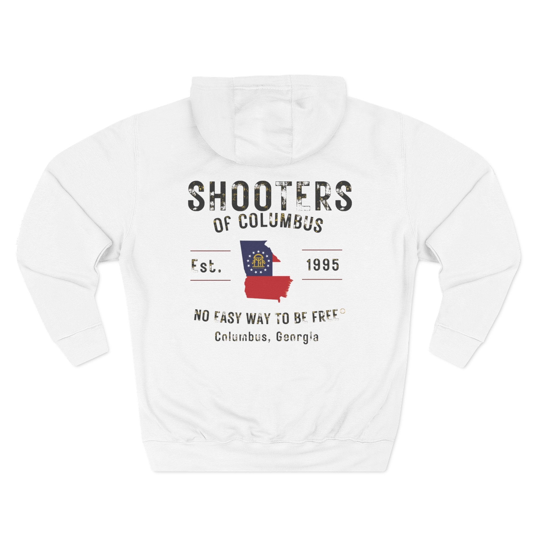 Shooter's Three-Panel Fleece Hoodie, Cozy Sweatshirt, Casual Streetwear, Unique Gift, Holiday Apparel, Stylish Layering