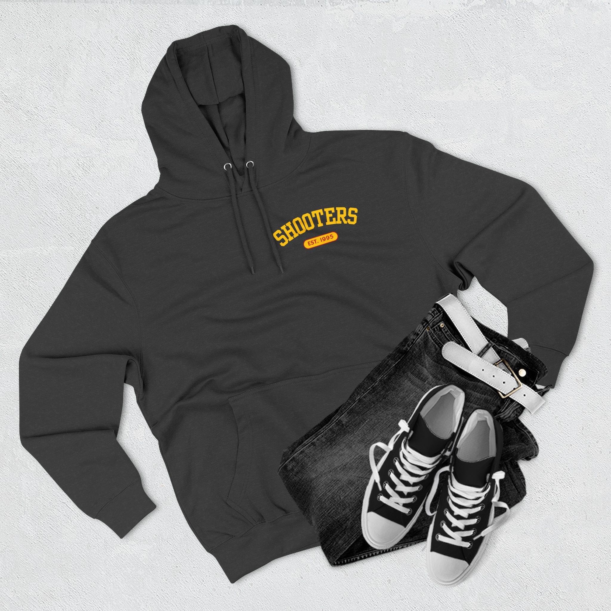 Shooter's Three-Panel Fleece Hoodie, Cozy Sweatshirt, Casual Streetwear, Unique Gift, Holiday Apparel, Stylish Layering