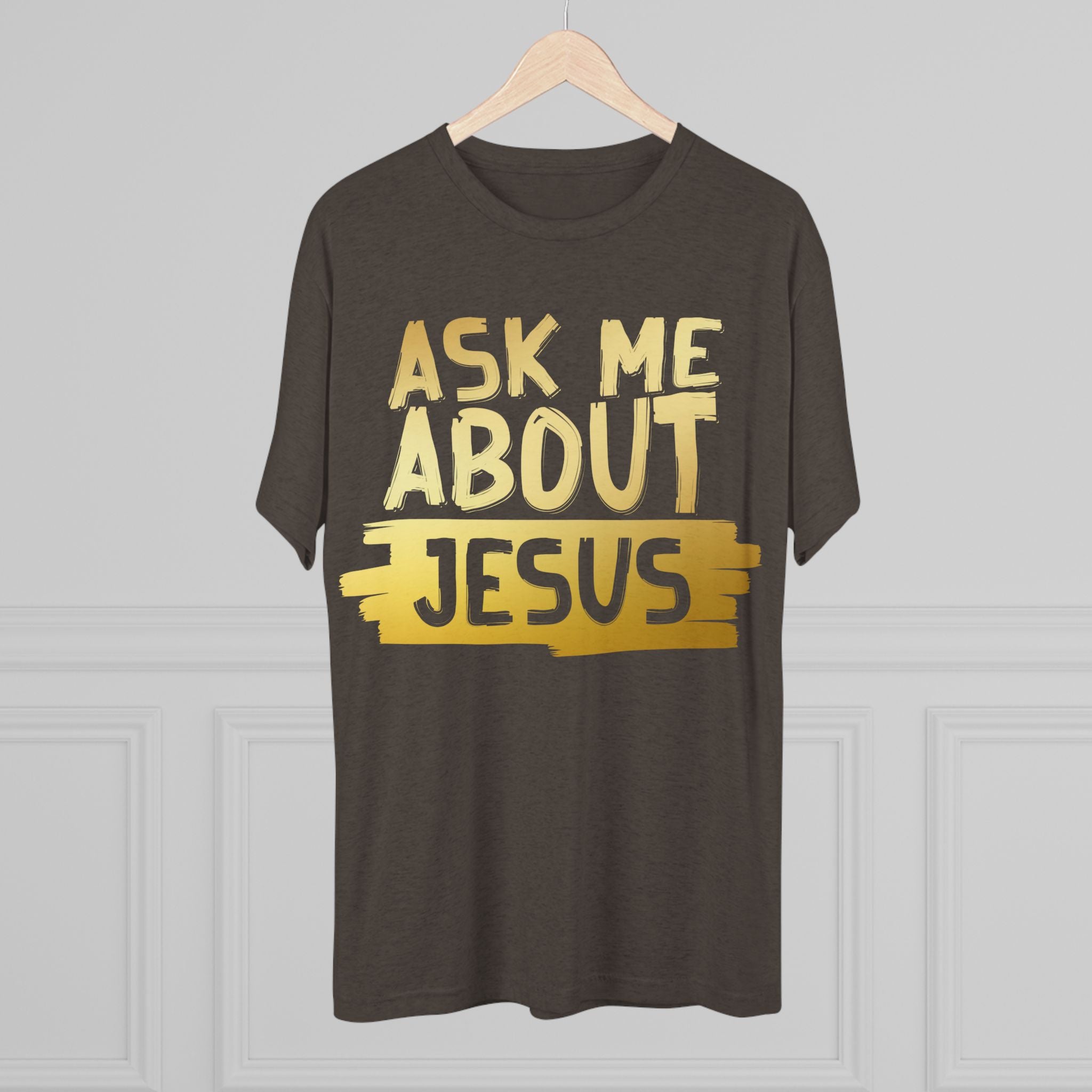 Unisex Tri-Blend Crew Tee, Faith-Inspired Gold Tee, Christian T-Shirt, Inspirational Gift, Casual Everyday Wear, Ask Me About Jesus Shirt
