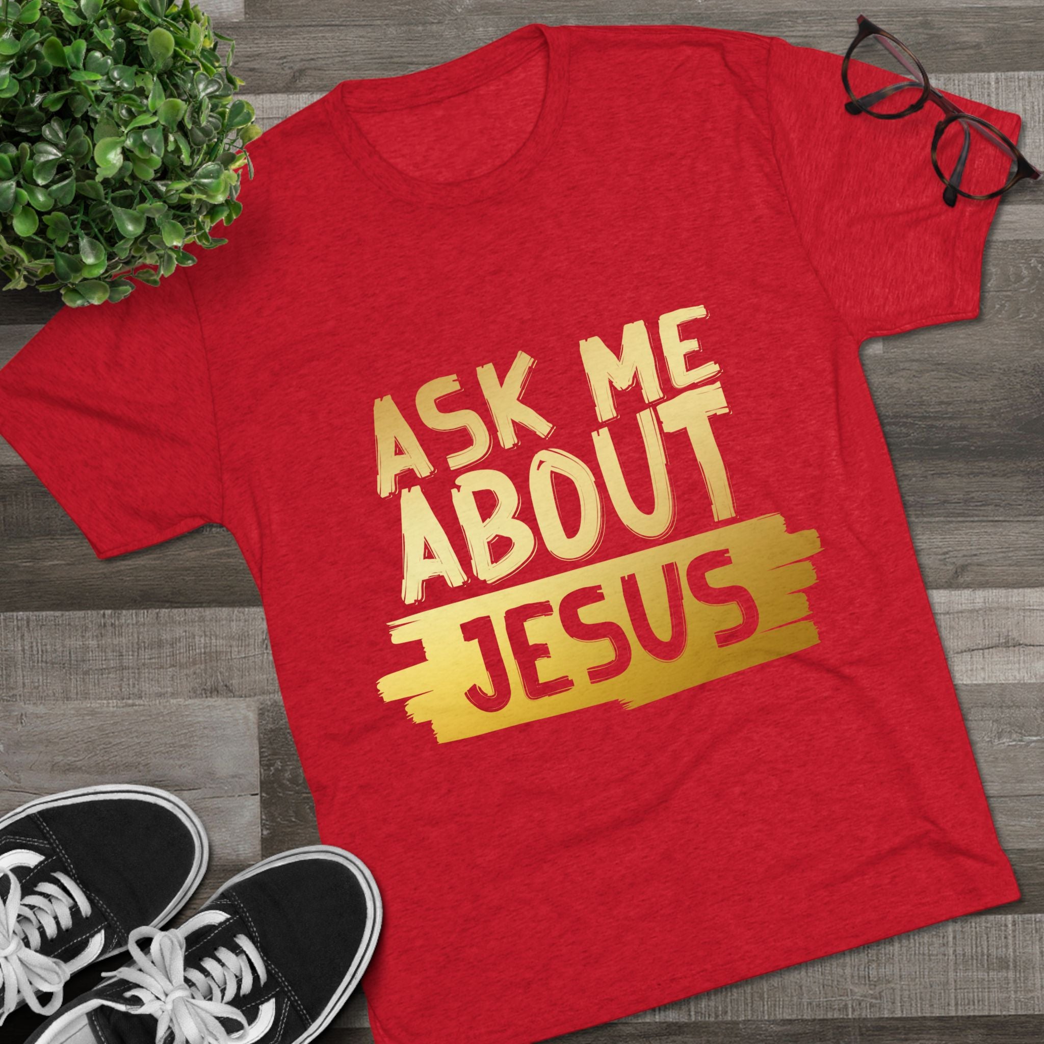 Unisex Tri-Blend Crew Tee, Faith-Inspired Gold Tee, Christian T-Shirt, Inspirational Gift, Casual Everyday Wear, Ask Me About Jesus Shirt